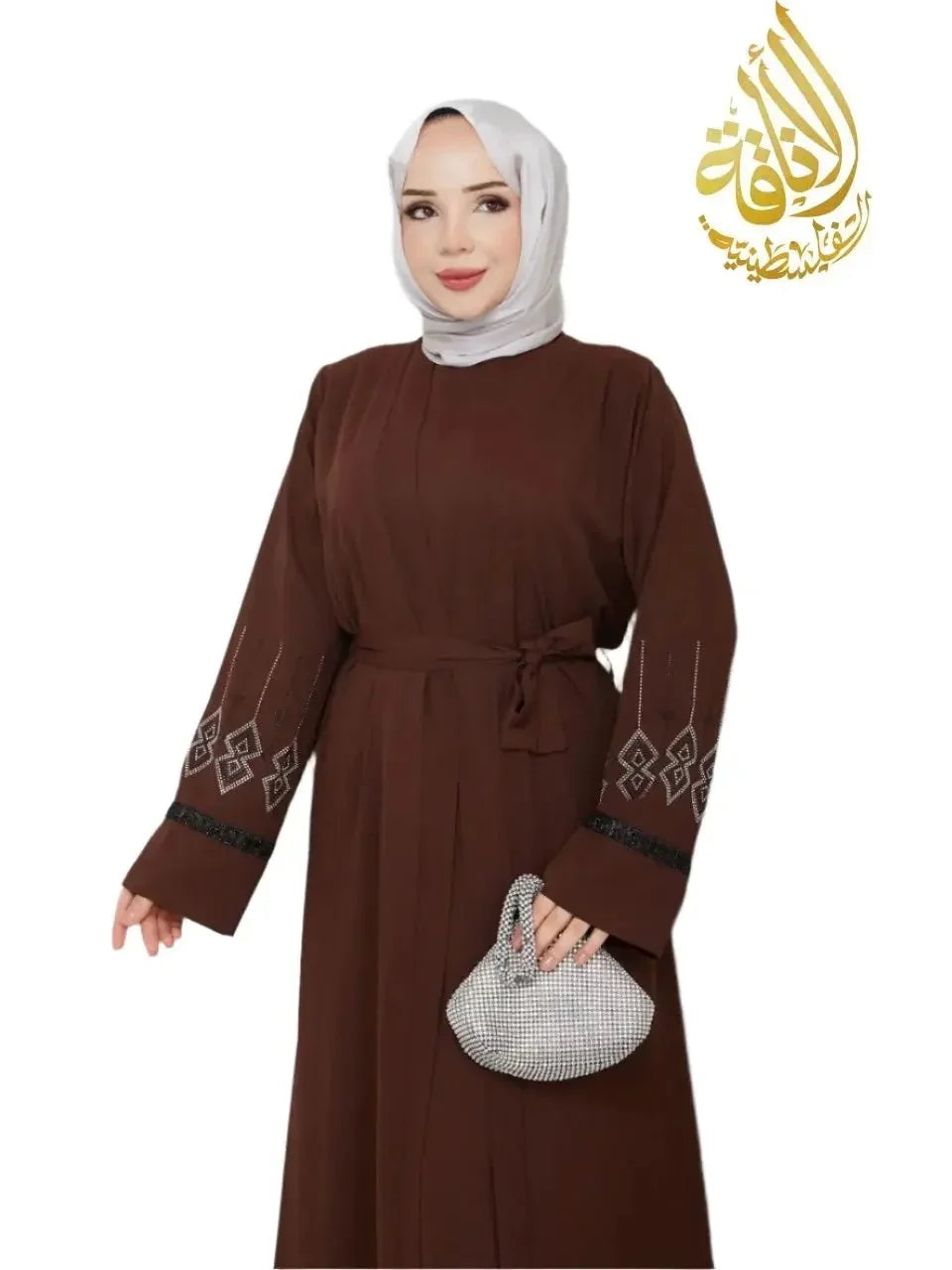 Palestinian Elegance brown modern open abaya with embroidered sleeves and waist tie belt