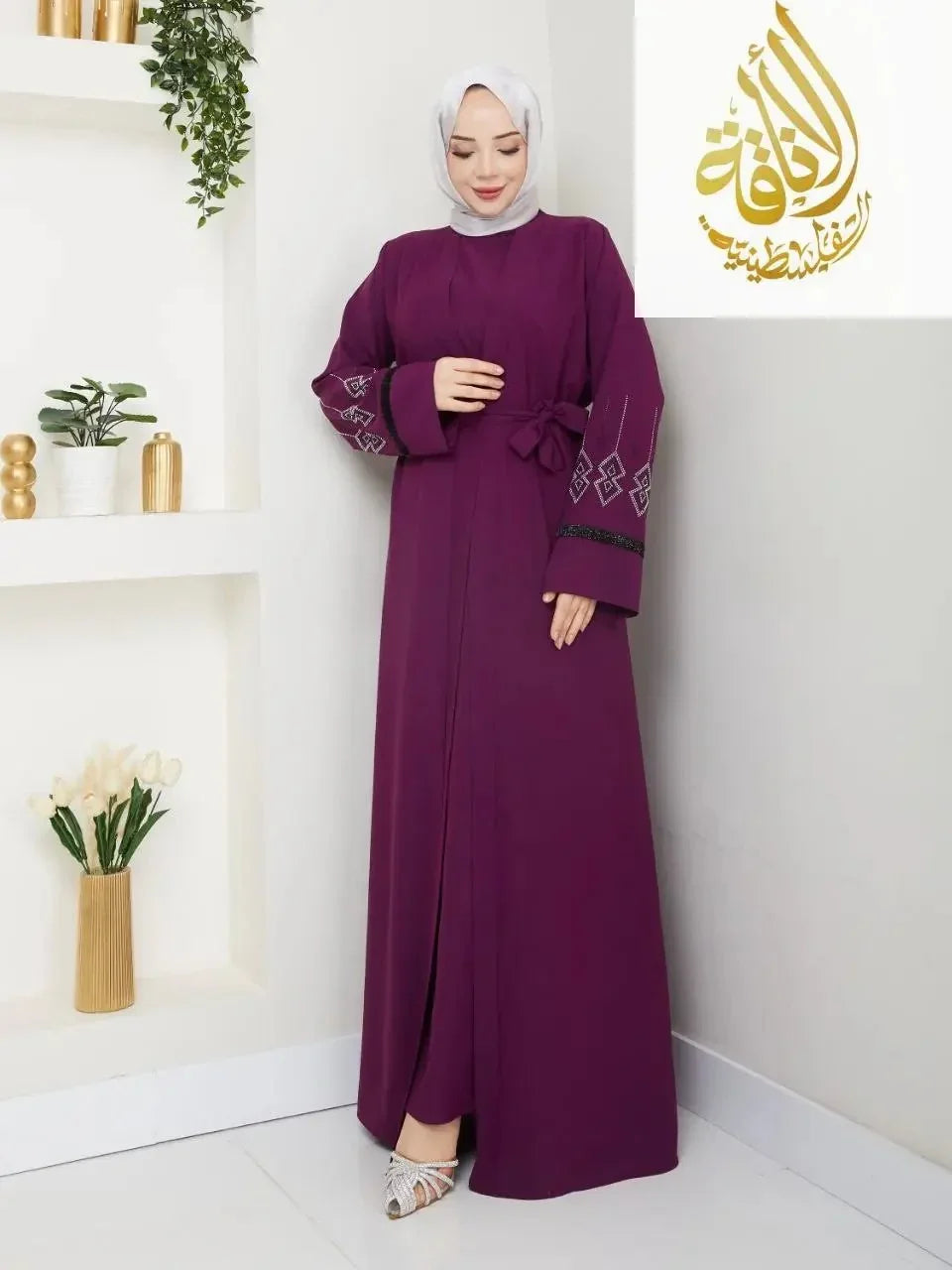 Palestinian Elegance modern open abaya in deep purple with embroidered sleeves and side bow detail