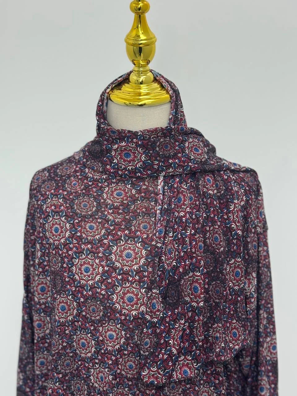 Palestinian Elegance Full Prayer Dress in maroon blue geometric print with matching headscarf and tassel tie