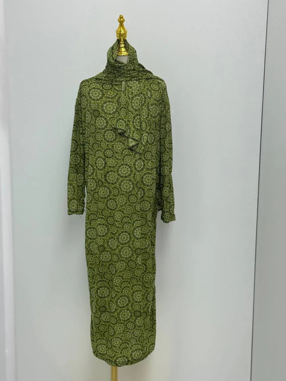 Palestinian Elegance Full Prayer Dress olive green with intricate circular embroidery pattern modest long sleeve