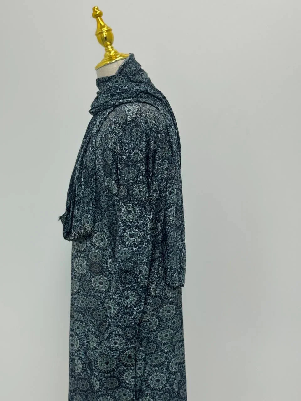 Palestinian Elegance Full Prayer Dress side view in dark teal medallion print with matching hijab modest long sleeves