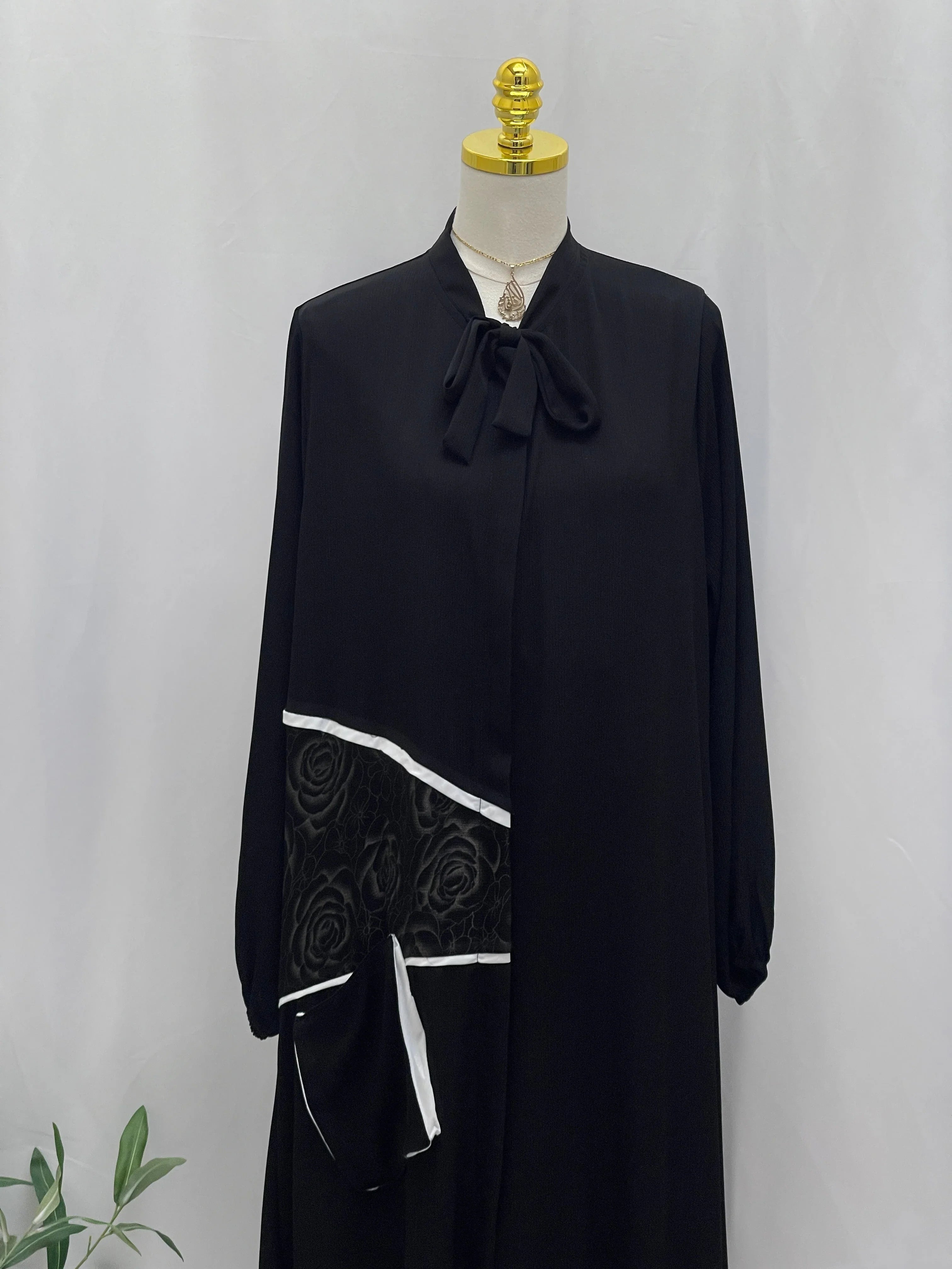 Palestinian Elegance black Modesty Long Set with bow neck rose embroidered panel and white trim
