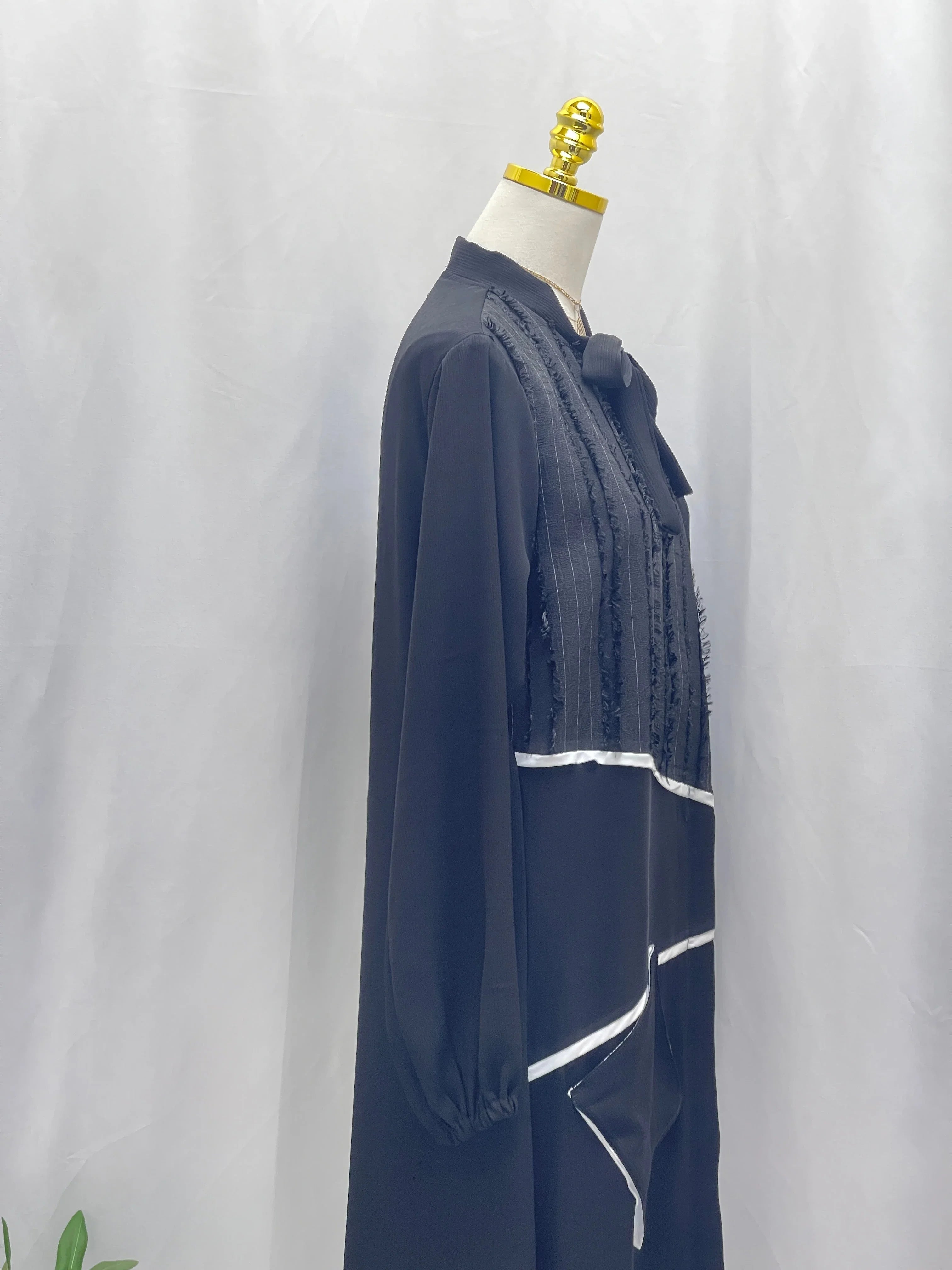 Palestinian Elegance Modesty Long Set black long modest outfit with bow neck lace panel and white trim
