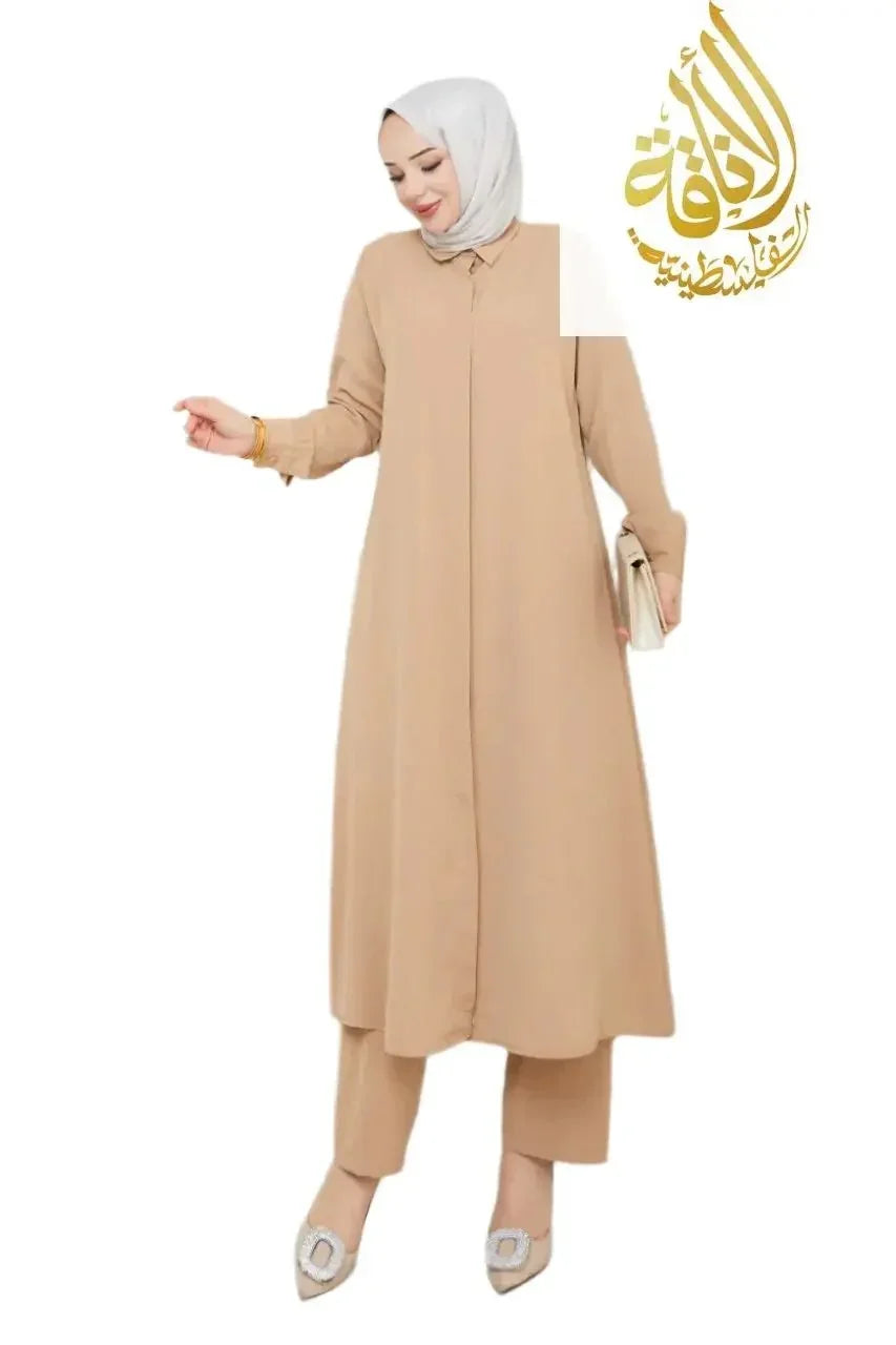 Palestinian Elegance modest outfit set featuring a beige Modesty Long Set with matching pants and white hijab