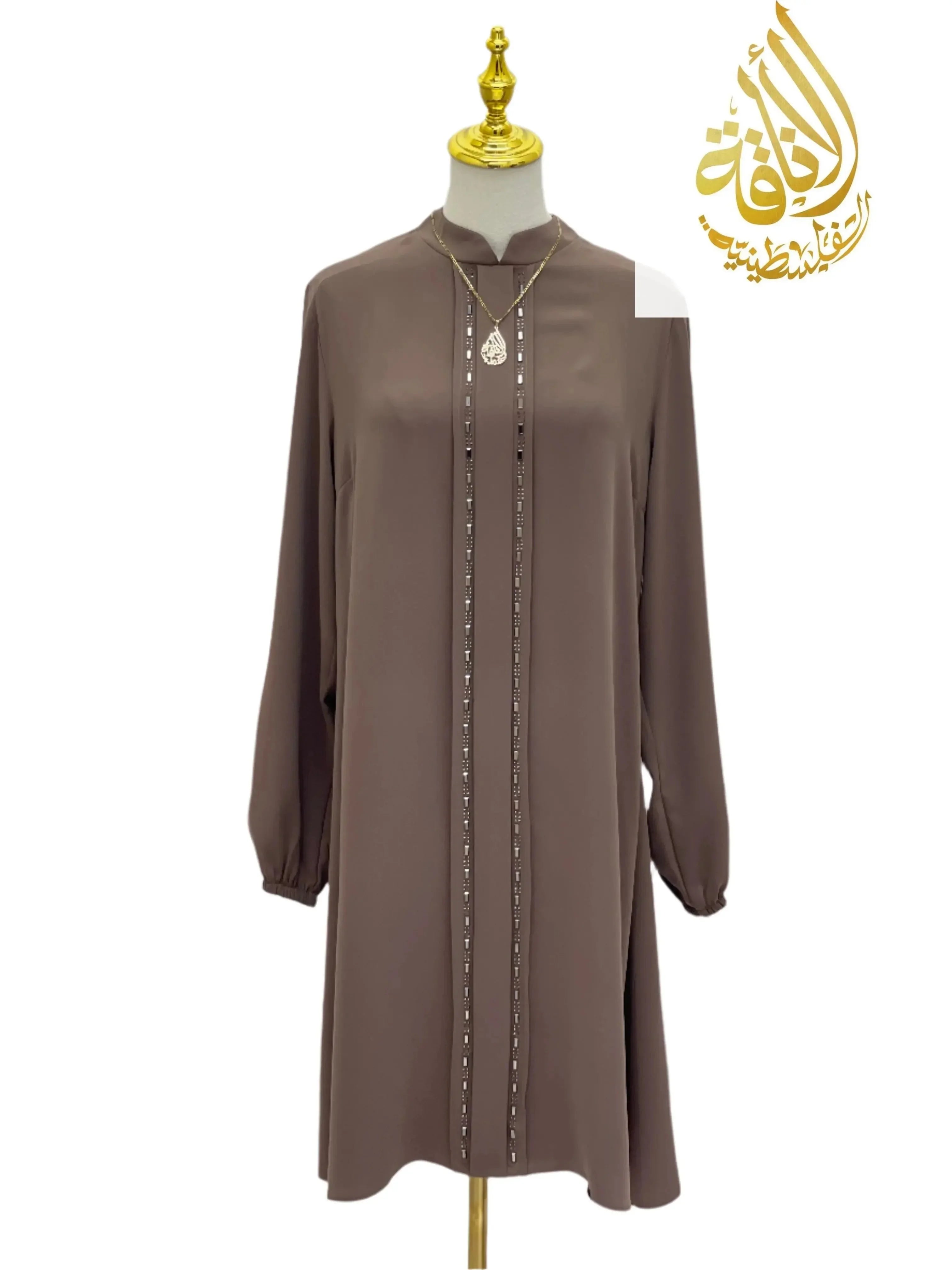 Palestinian Elegance modest embroidered tunic dress in brown with long sleeves and decorative stitching