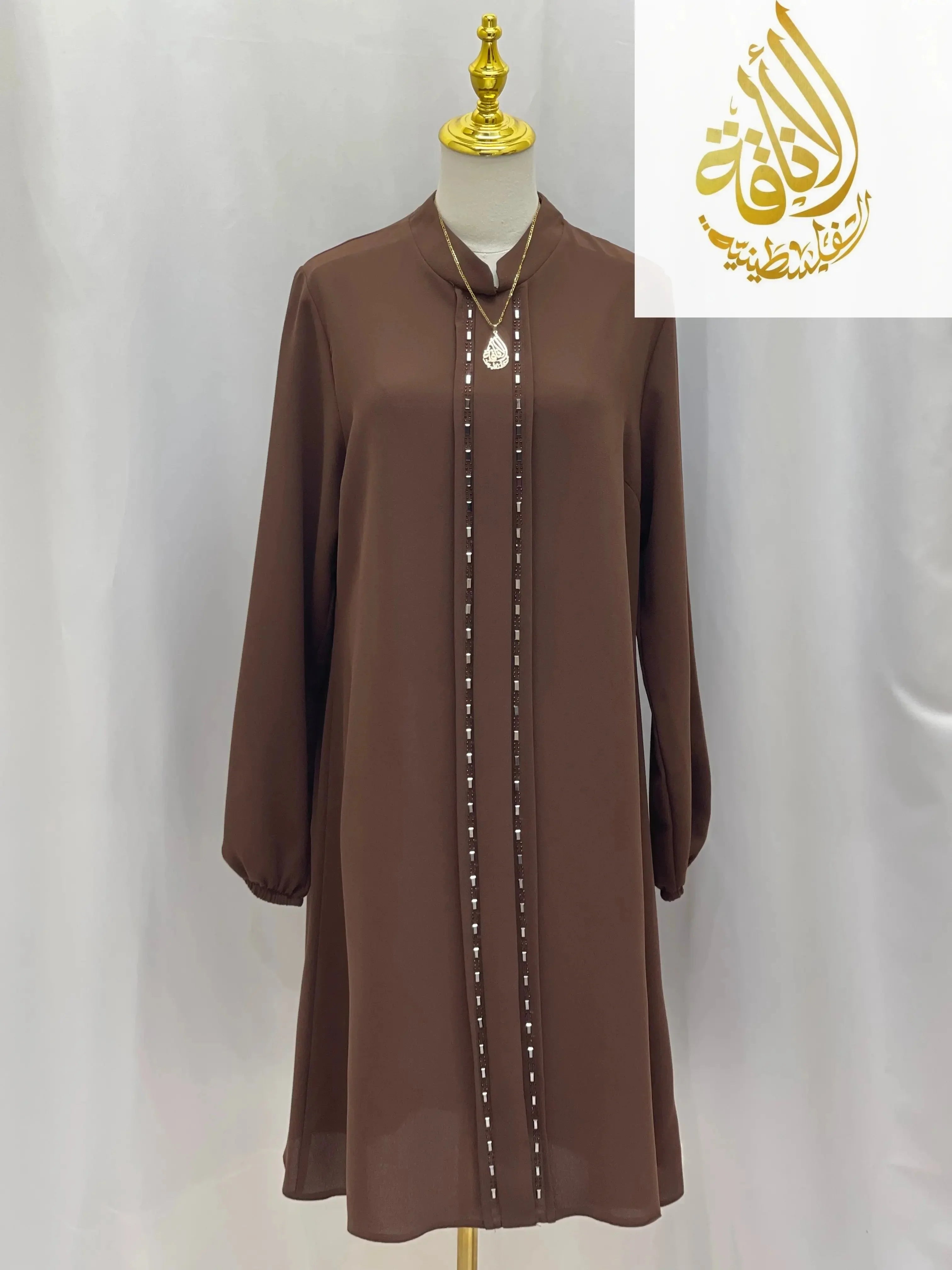 Palestinian Elegance modest embroidered tunic dress in brown with long sleeves and decorative front detailing