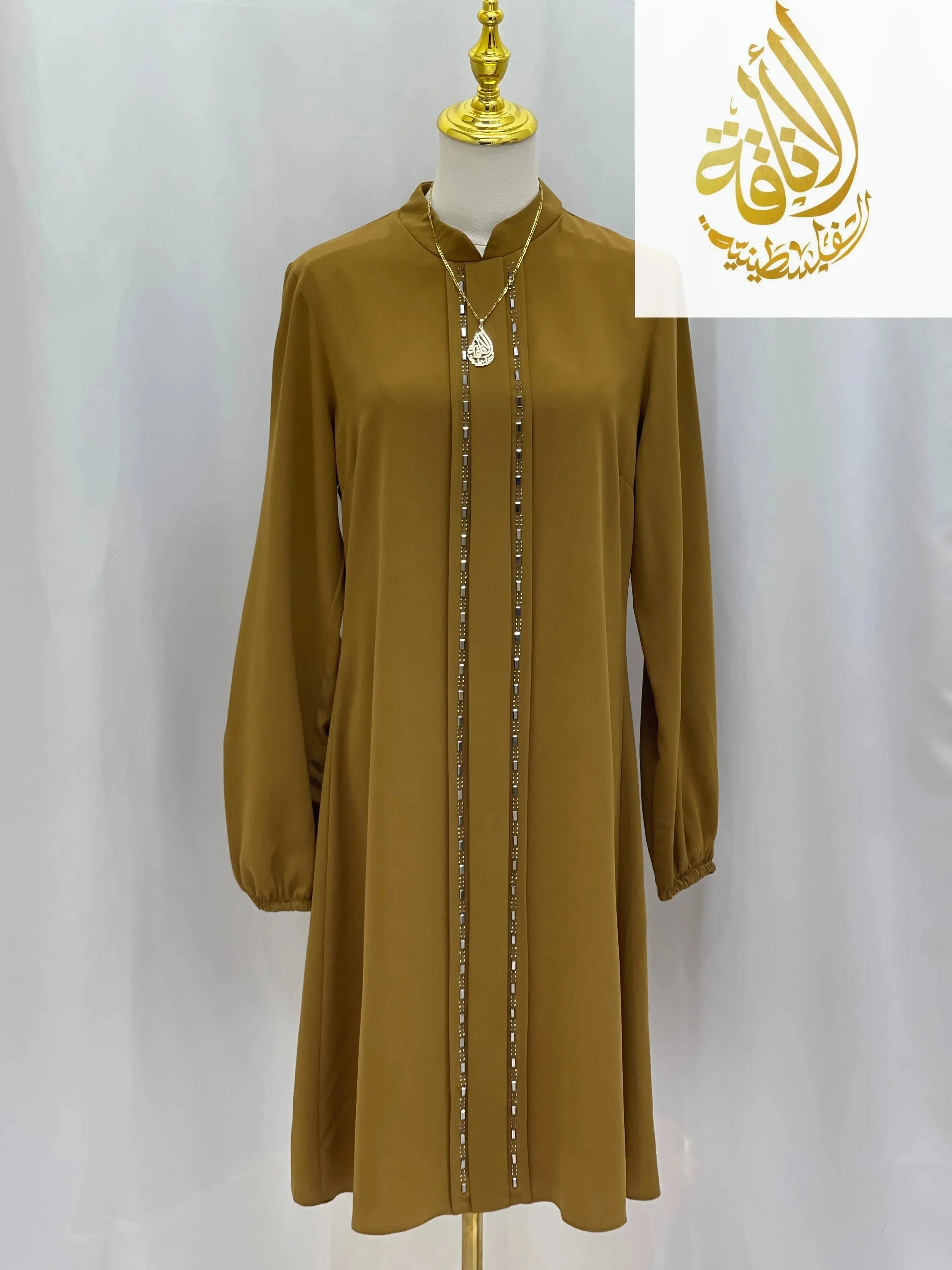 Palestinian Elegance modest embroidered tunic dress in brown with long sleeves and vertical embellishments