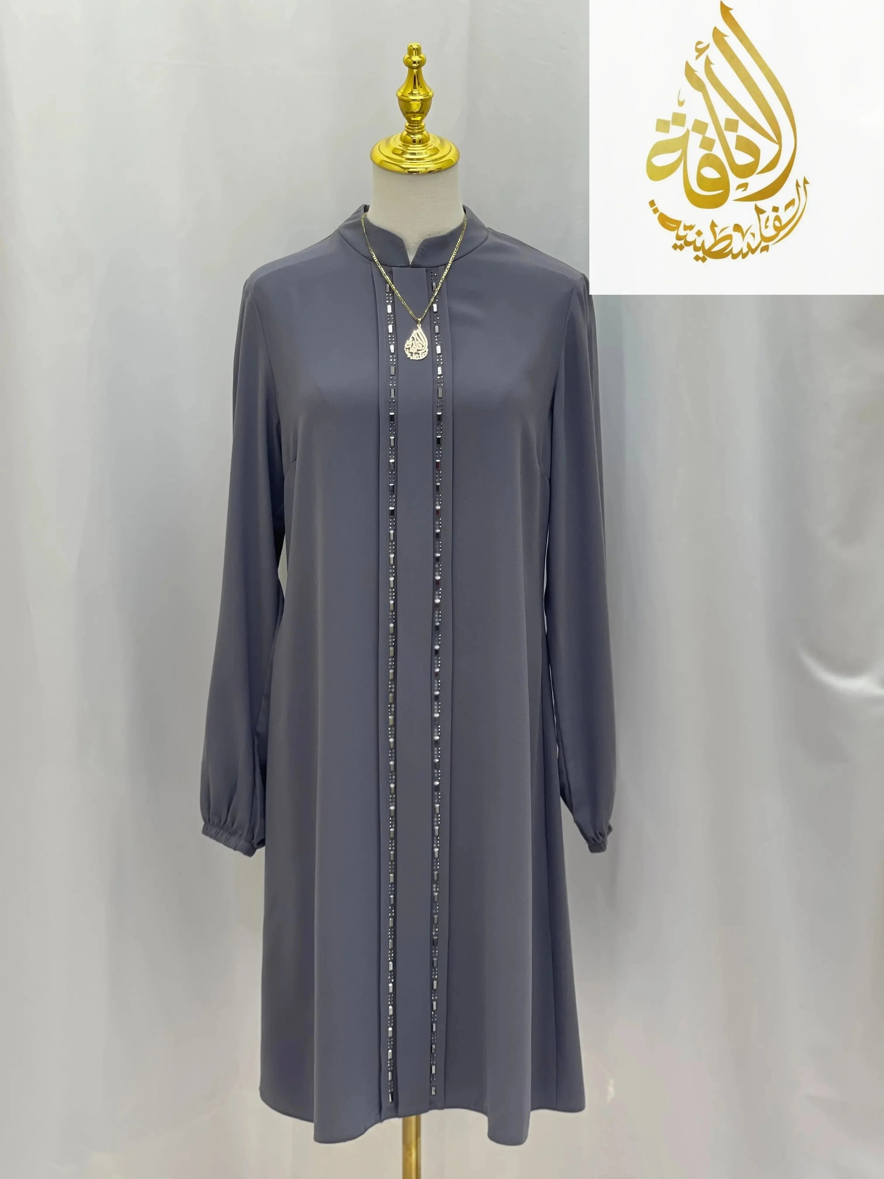 Palestinian Elegance modest embroidered tunic dress in gray with long sleeves and detailed front embroidery