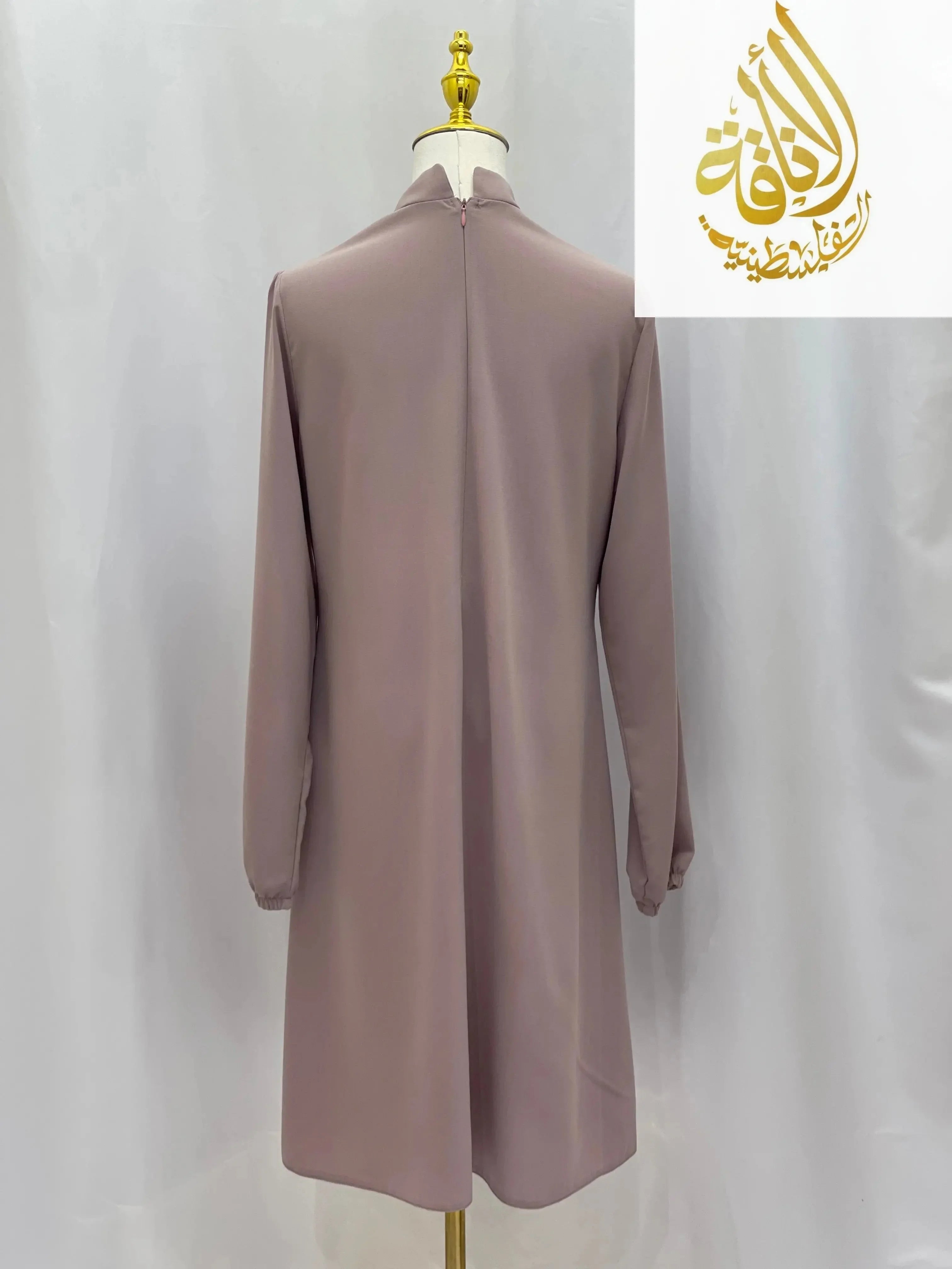 Back view of modest embroidered tunic dress in light mauve with long sleeves by Palestinian Elegance