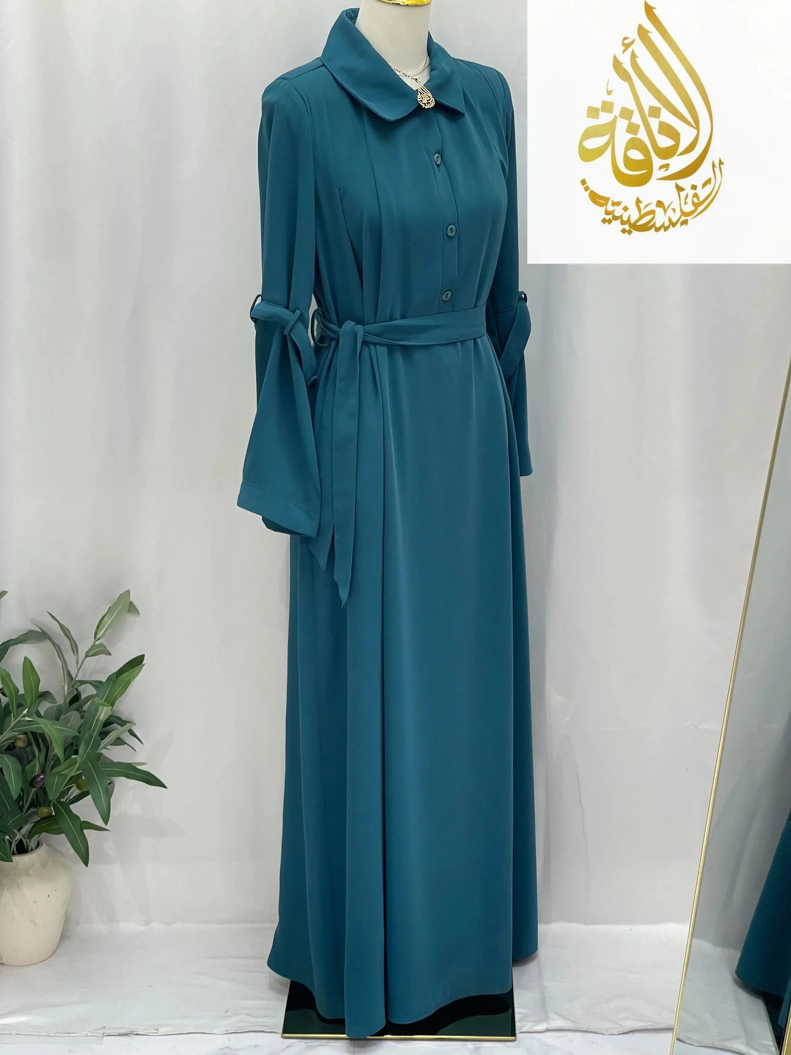Palestinian Elegance modesty summer dress abaya in teal with button front and waist tie
