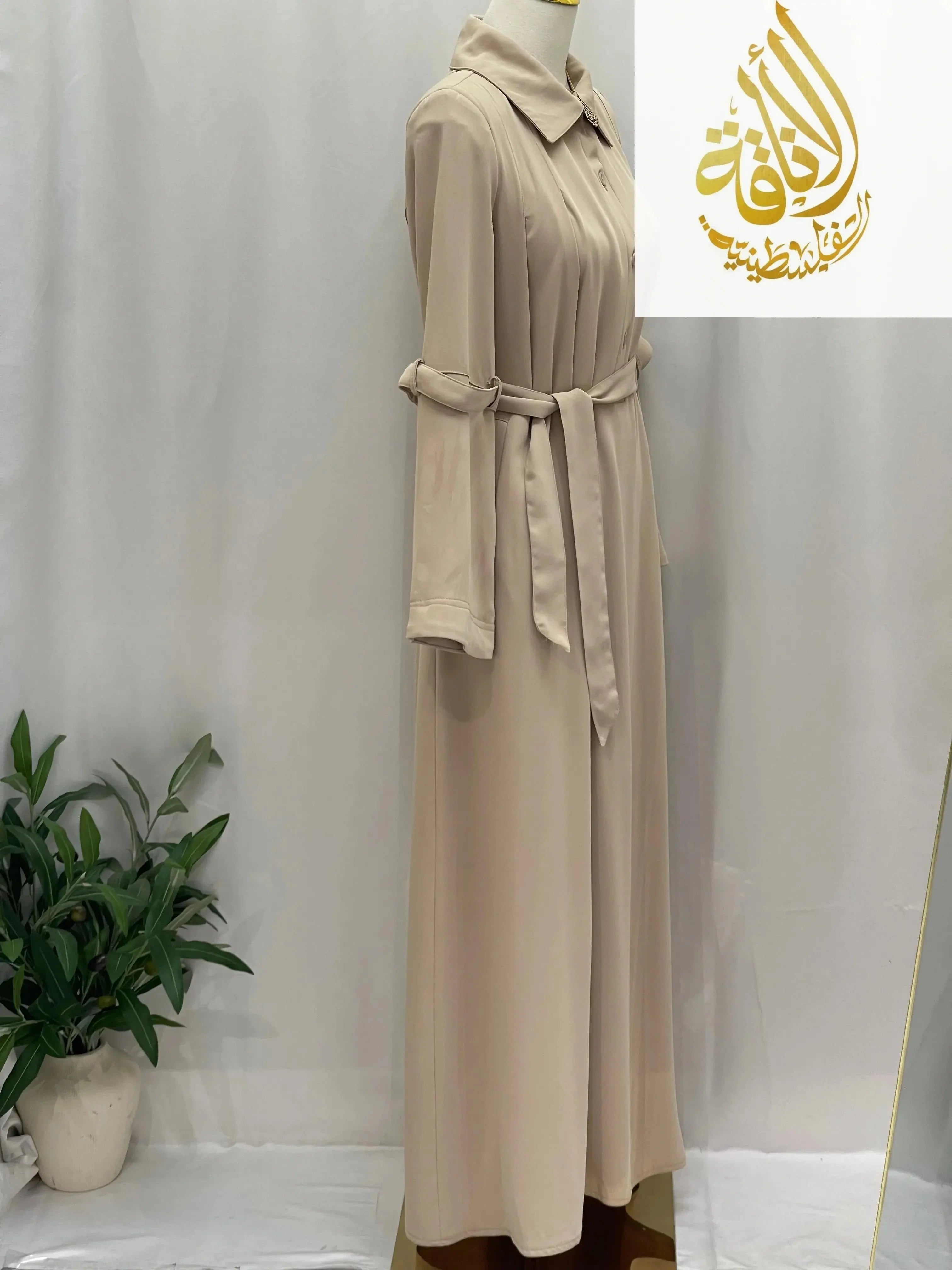 Palestinian Elegance beige abaya modesty summer dress with long sleeves and a waist tie belt
