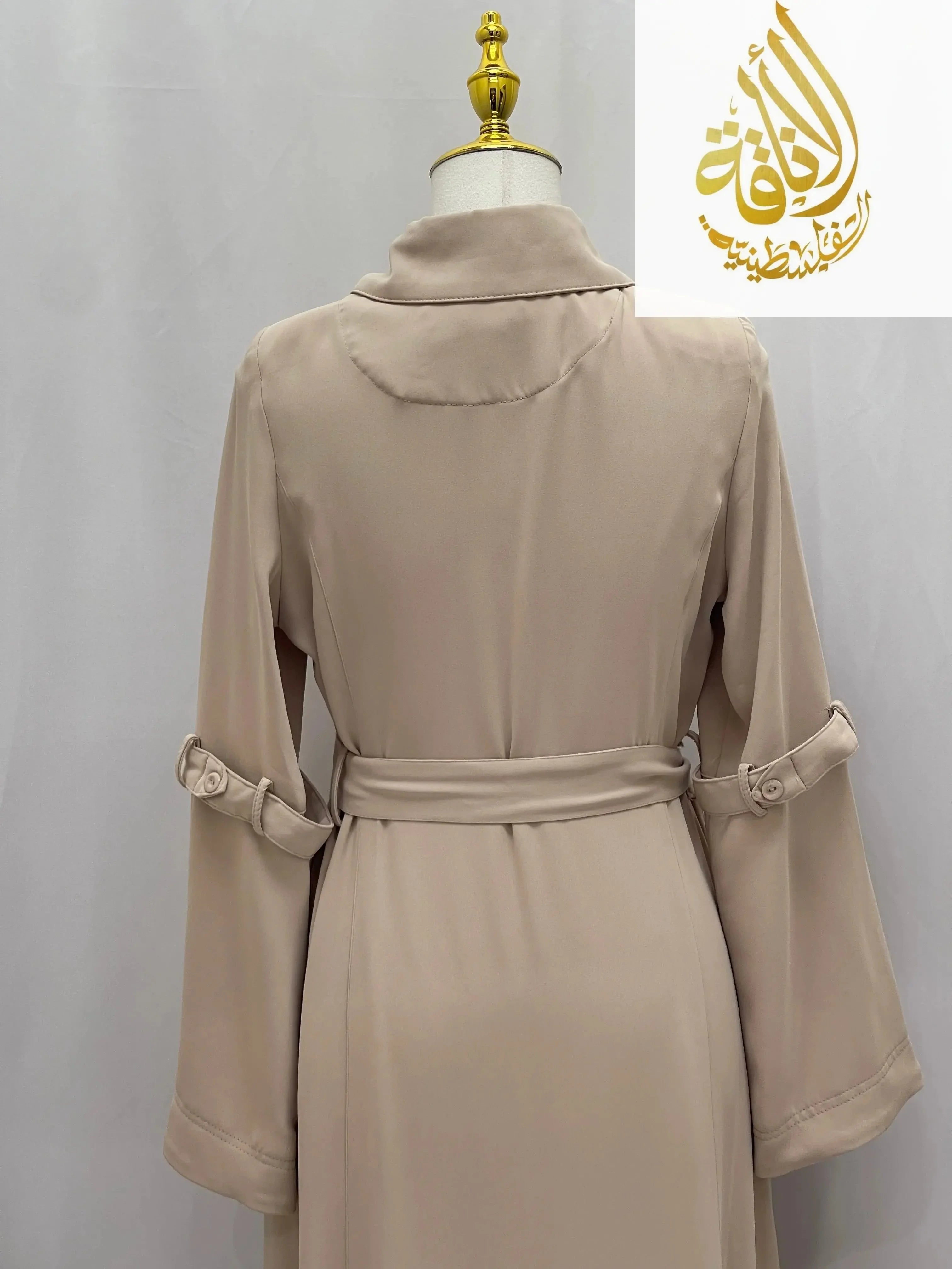 Palestinian Elegance beige abaya back view with belt and cuff details modesty summer dress
