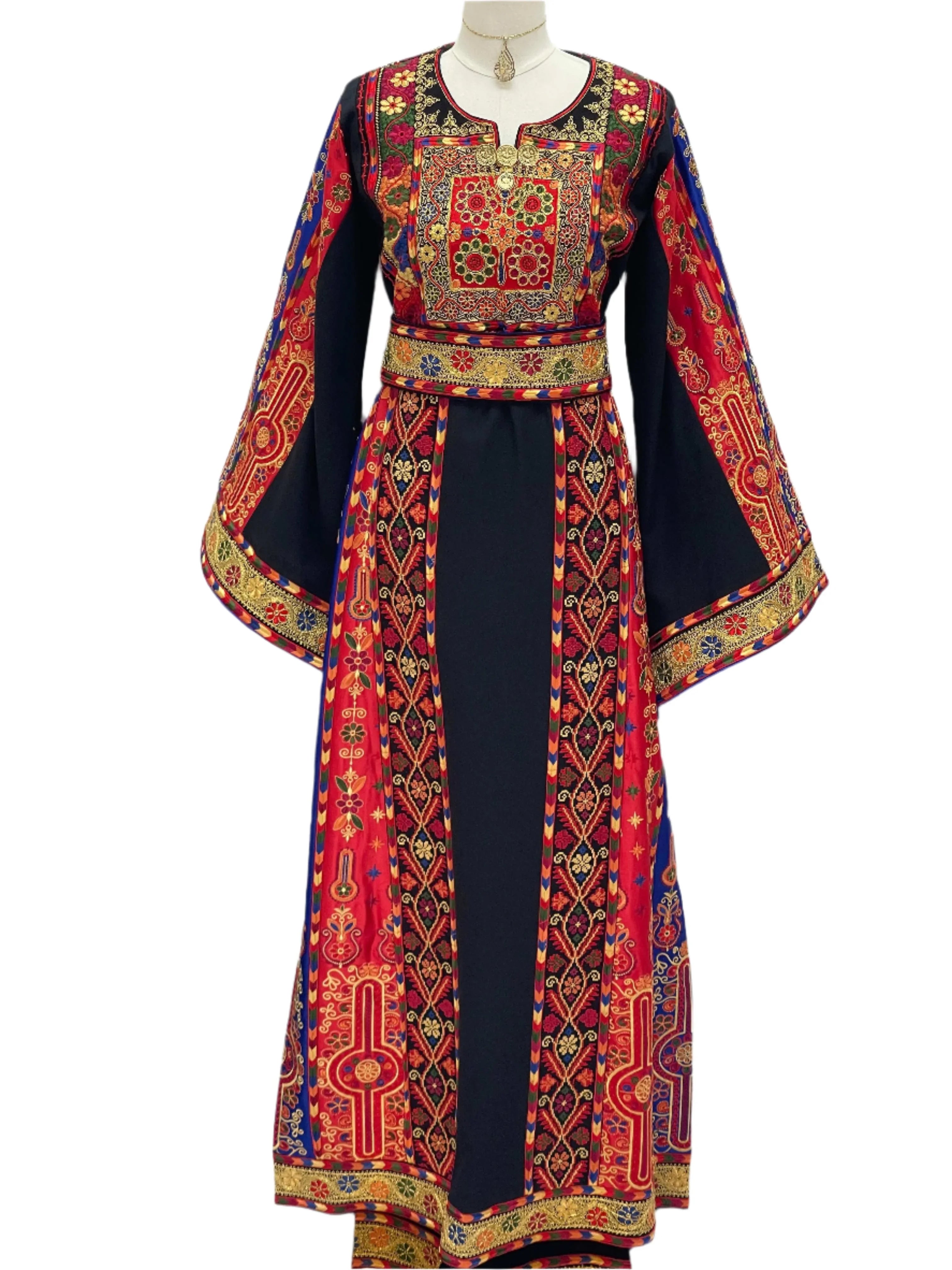 Mona Soft Atmeen Thoub Kasab Embroidery traditional Palestinian dress with intricate red and gold embroidery by Palestinian Elegance