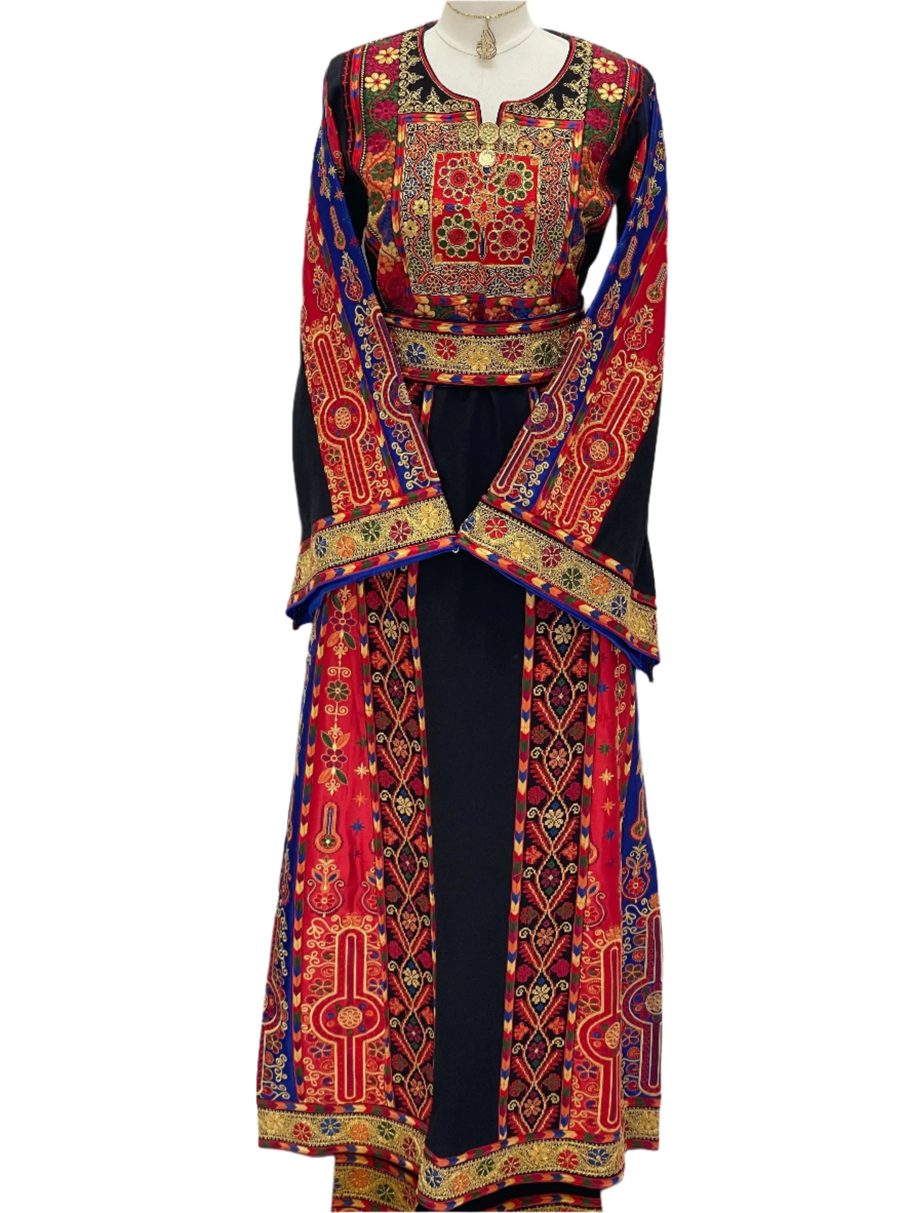 Mona Soft Atmeen Thoub Kasab Embroidery traditional embroidered dress by Palestinian Elegance with vibrant red and blue patterns