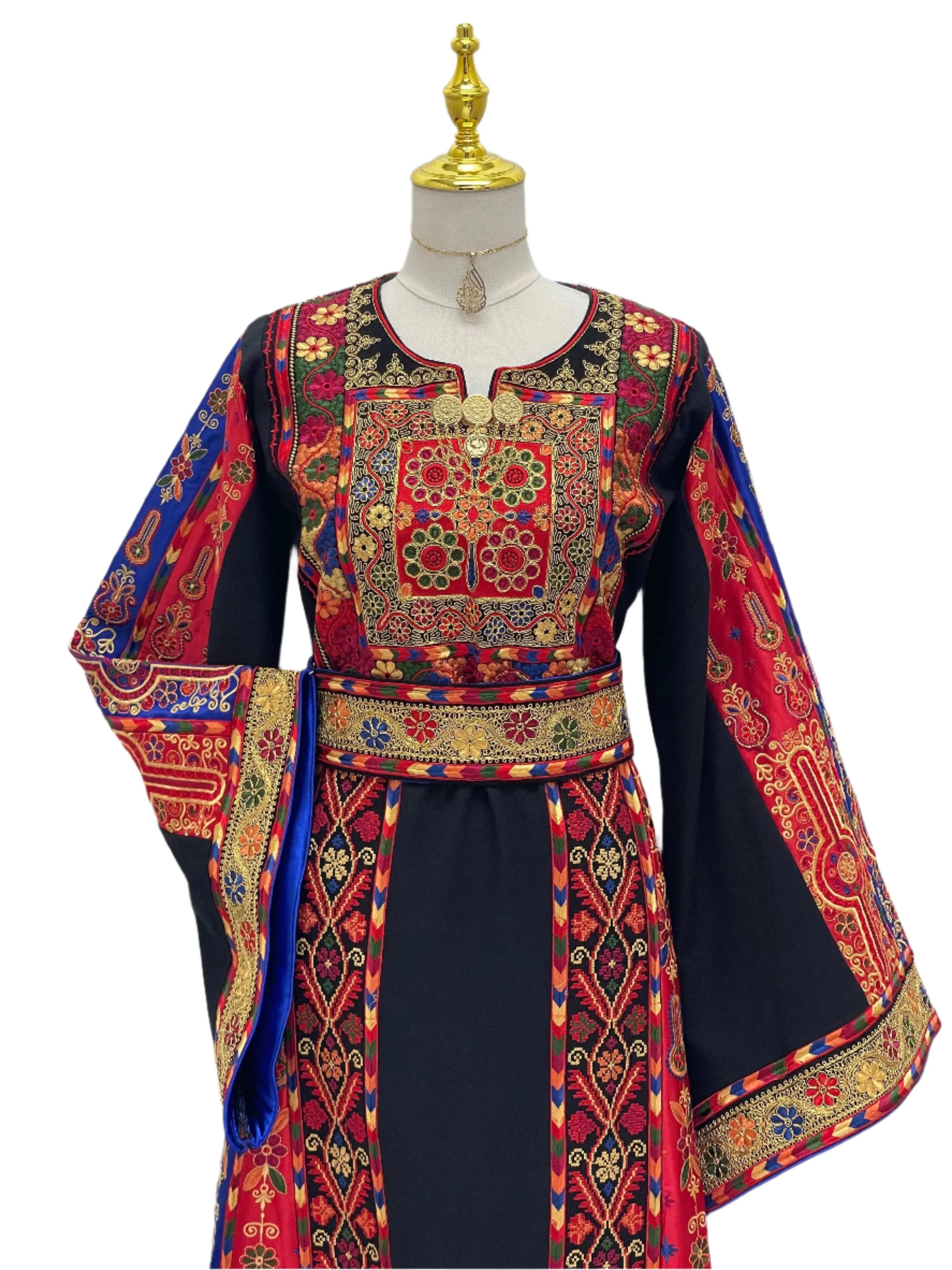 Mona Soft Atmeen Thoub Kasab Embroidery traditional embroidered dress by Palestinian Elegance in vibrant red and black
