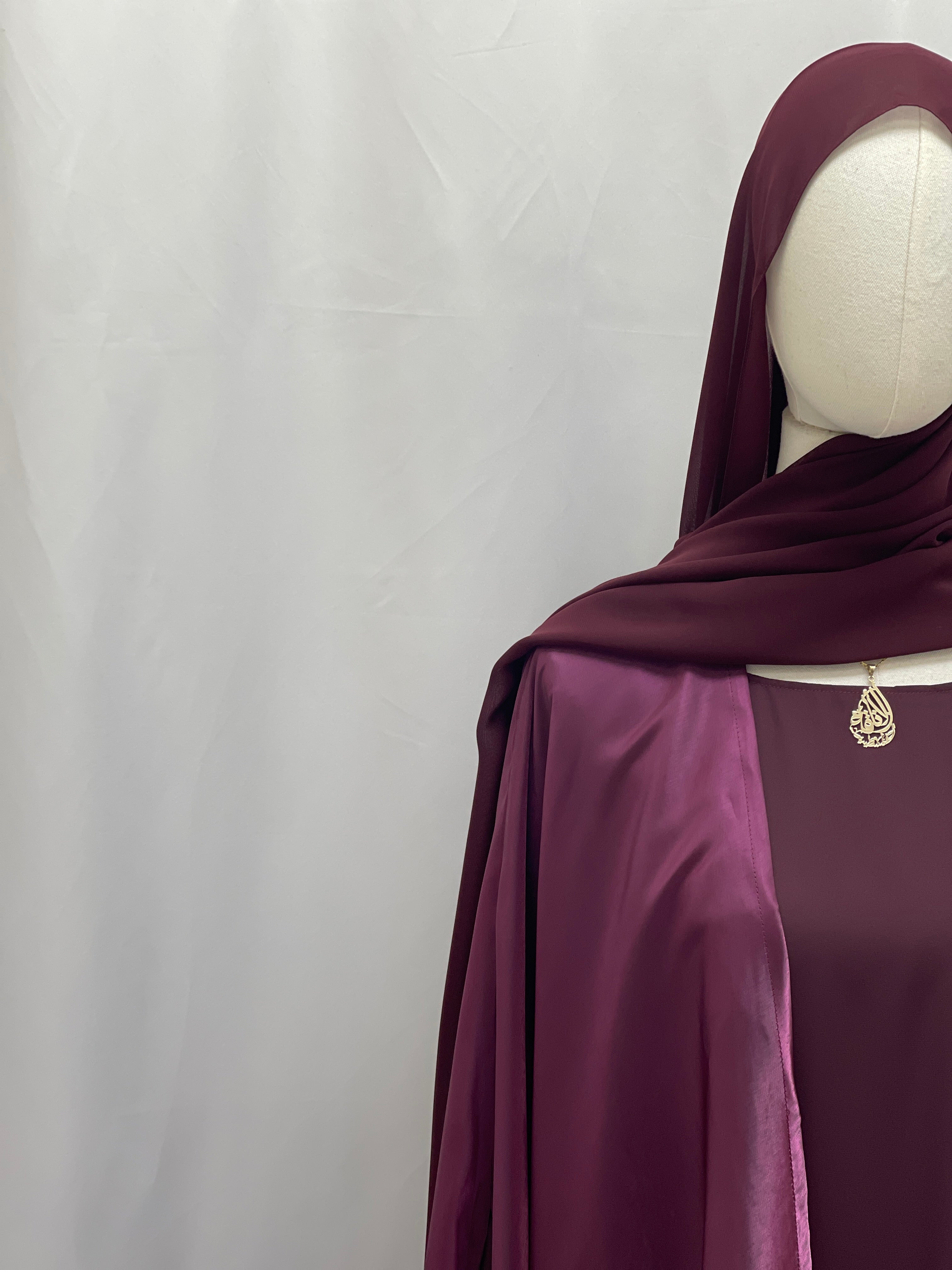 Palestinian Elegance Moonlit Organza Abaya in deep purple with satin finish and matching hijab