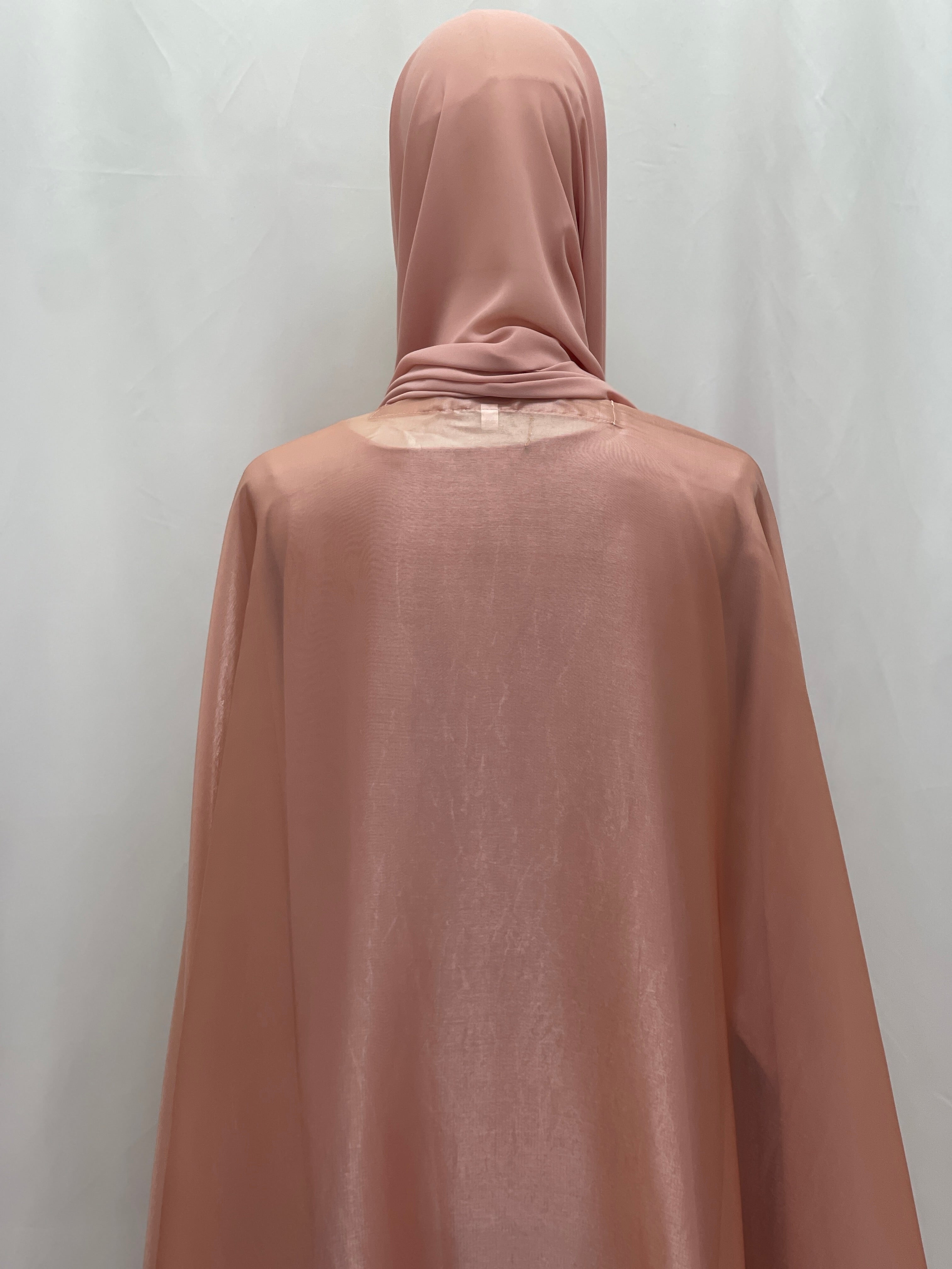 Back view of Palestinian Elegance Moonlit Organza Abaya in soft pink sheer fabric with matching hijab