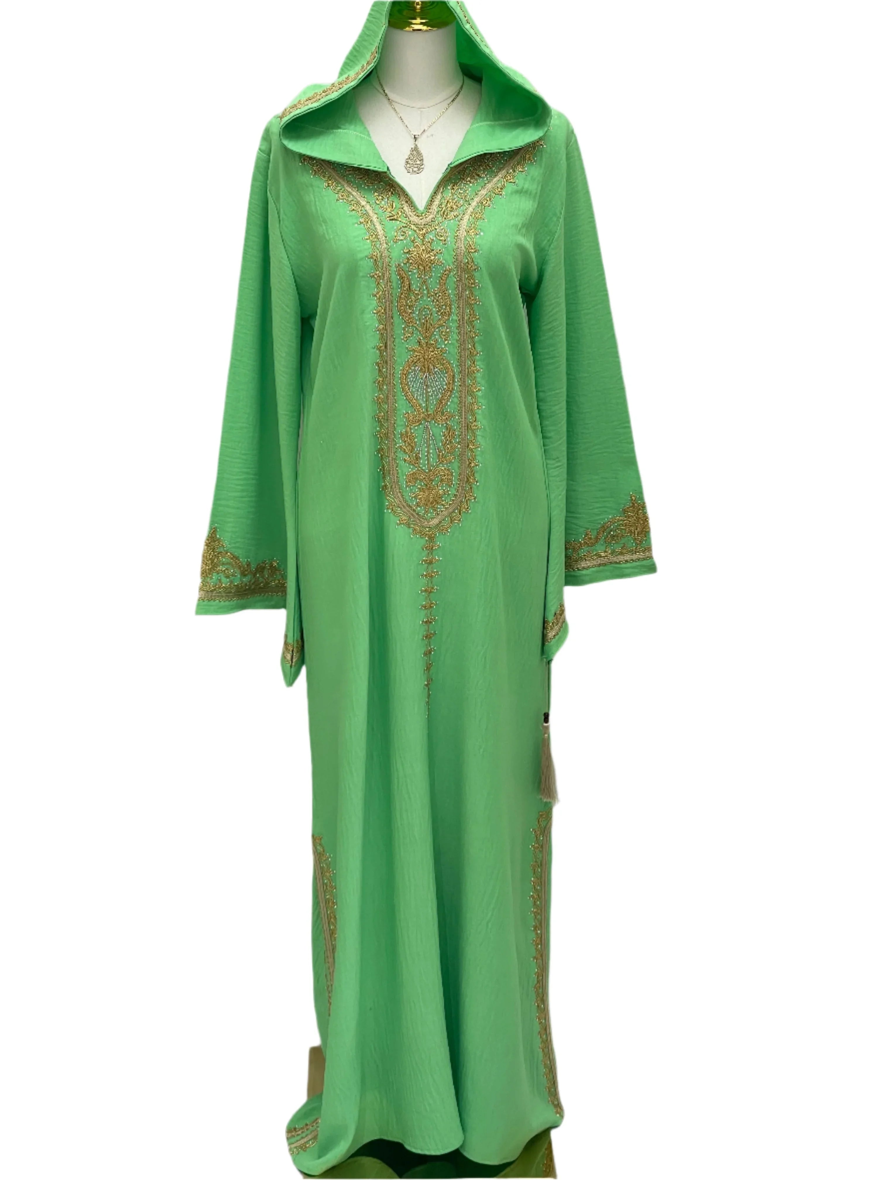 Palestinian Elegance green hooded abaya with gold embroidery Moroccan Embroidered Djellaba full length modest gown