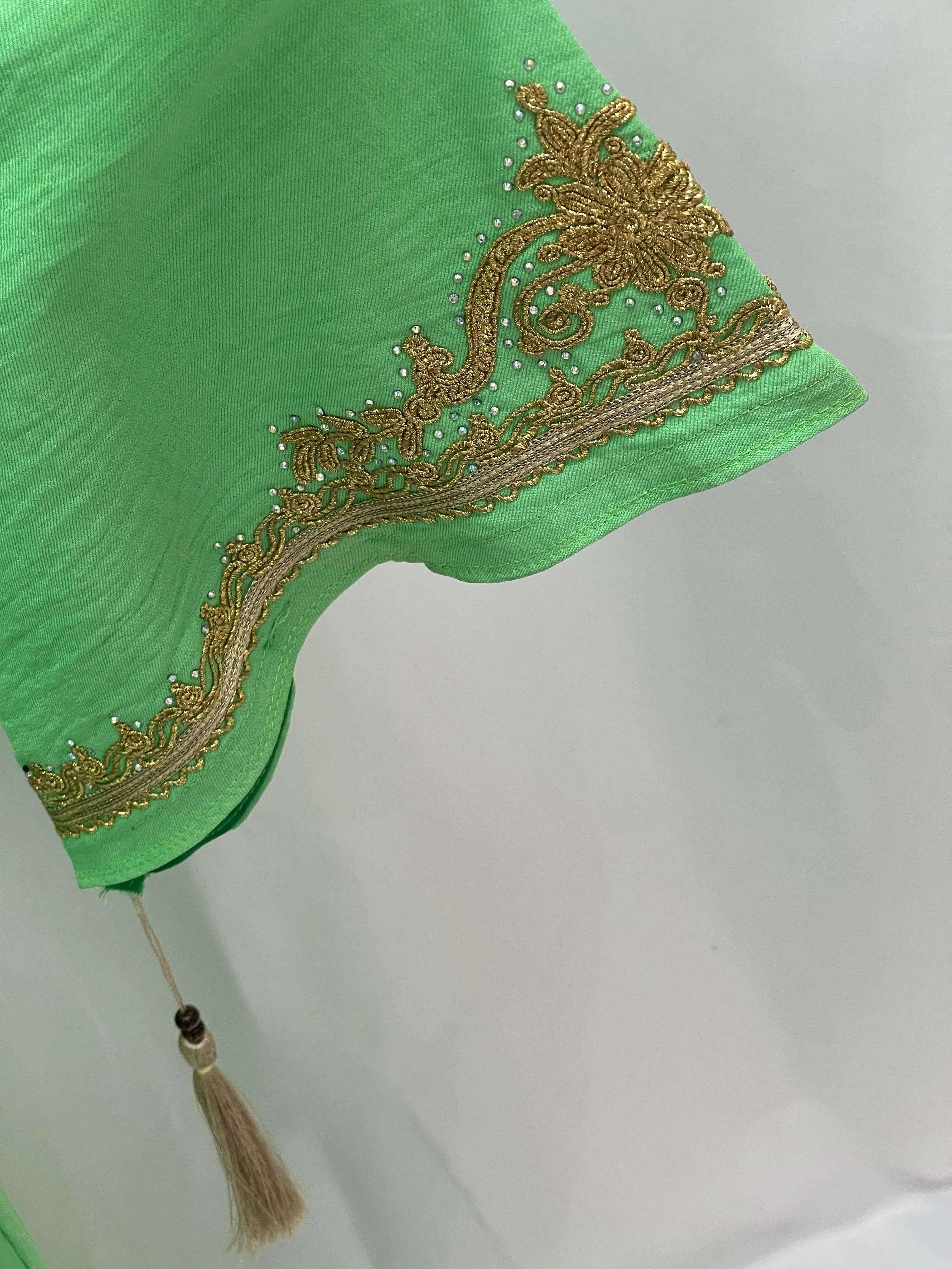 Palestinian Elegance green abaya sleeve with gold filament floral trim and tassel Moroccan Embroidered Djellaba