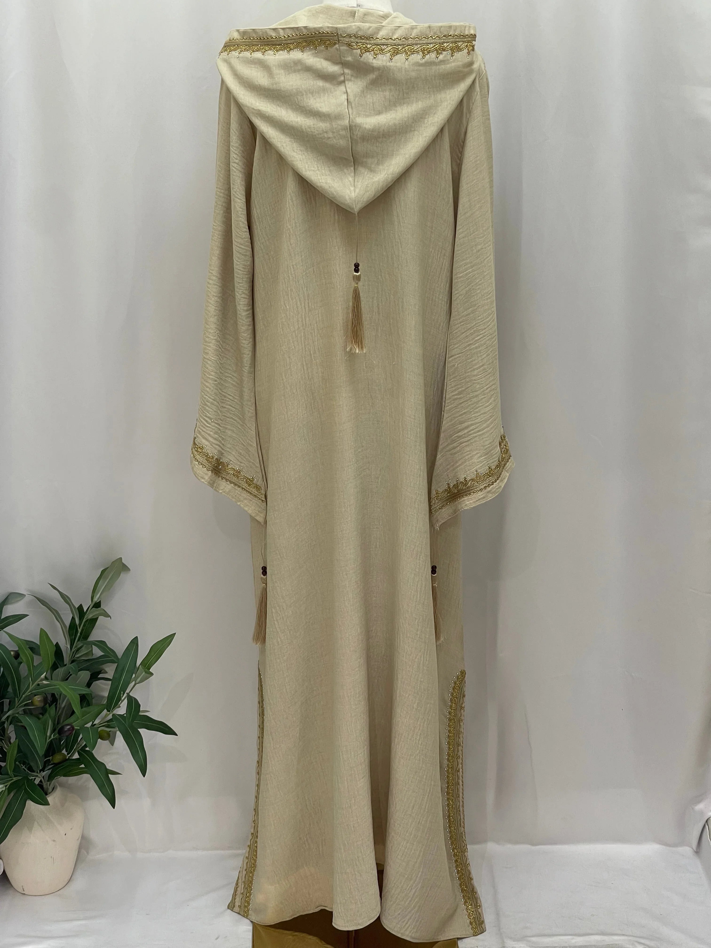 Palestinian Elegance beige abaya back view with hood gold trim tassel Moroccan Embroidered Djellaba