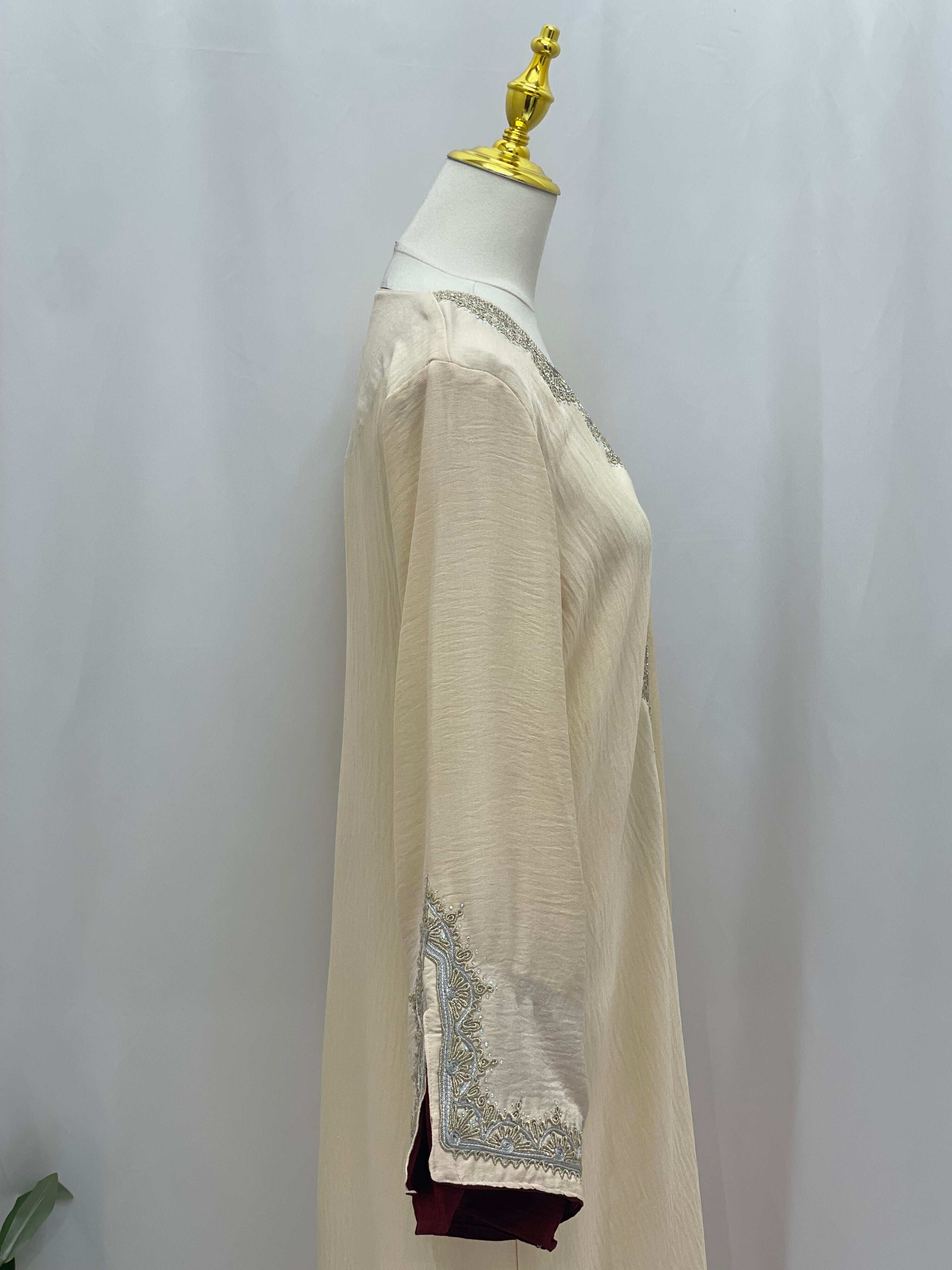 Palestinian Elegance Moroccan Rana Jalabia abaya in beige with silver embroidery on sleeve cuff