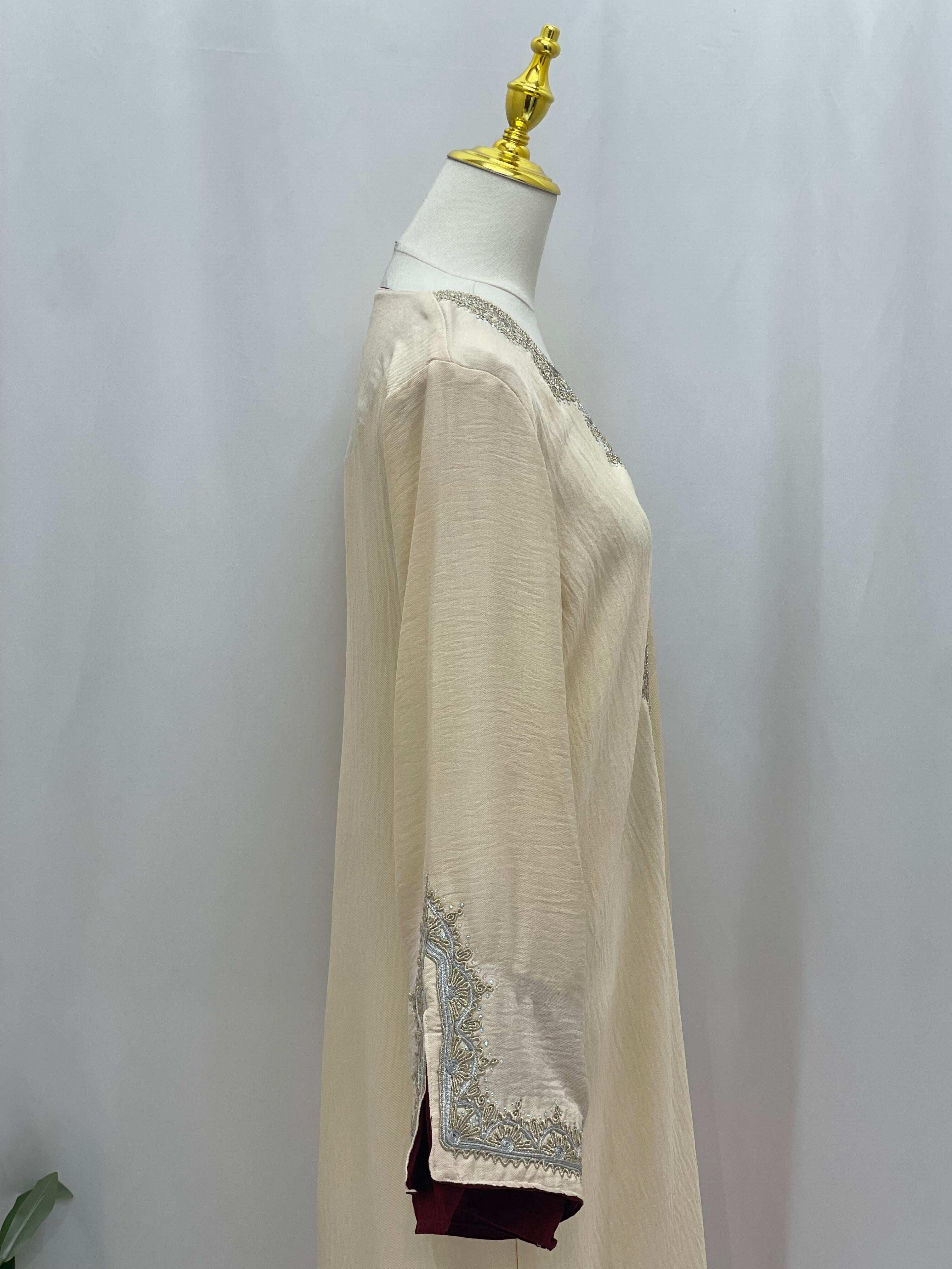 Palestinian Elegance Moroccan Rana Jalabia abaya in beige with silver embroidery on sleeve cuff