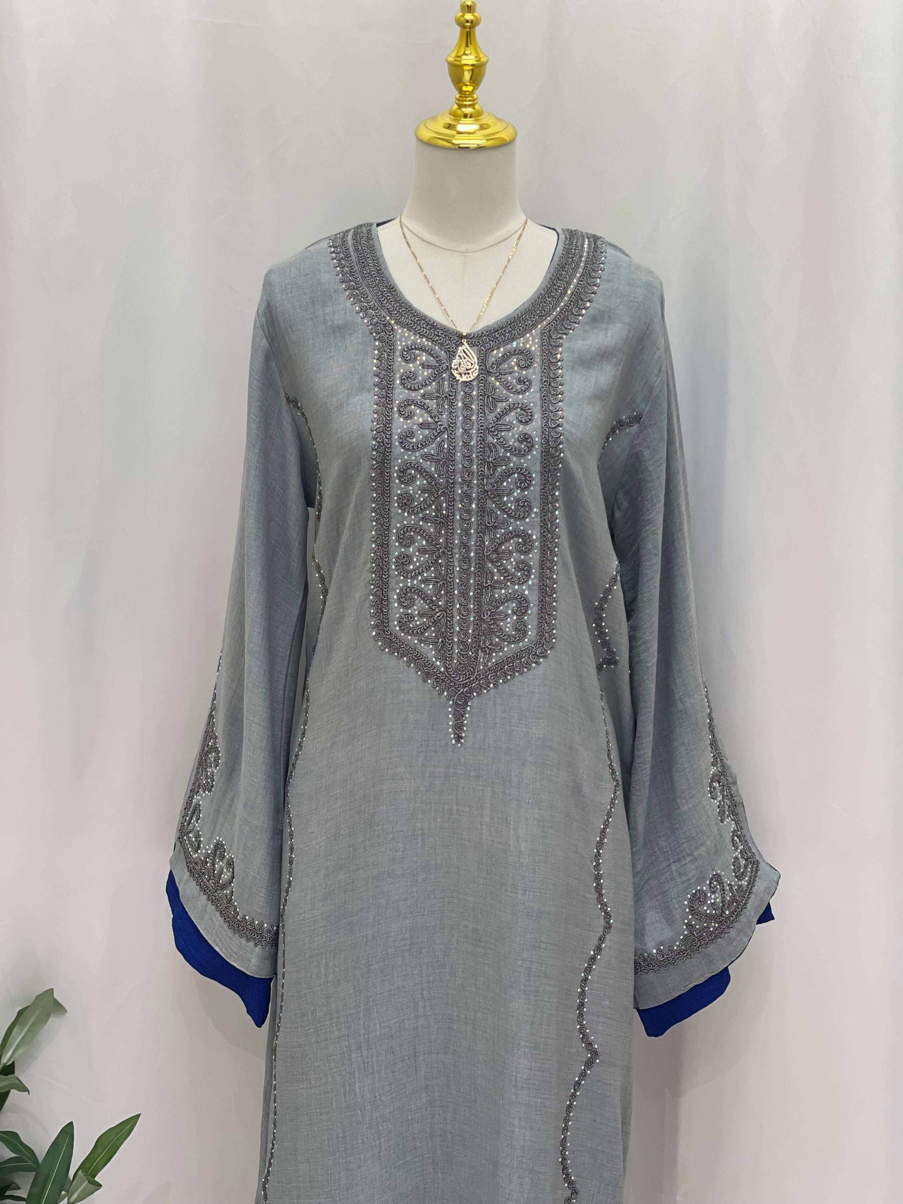 Palestinian Elegance Moroccan Rana Jalabia gray abaya with intricate embroidery on front and sleeves