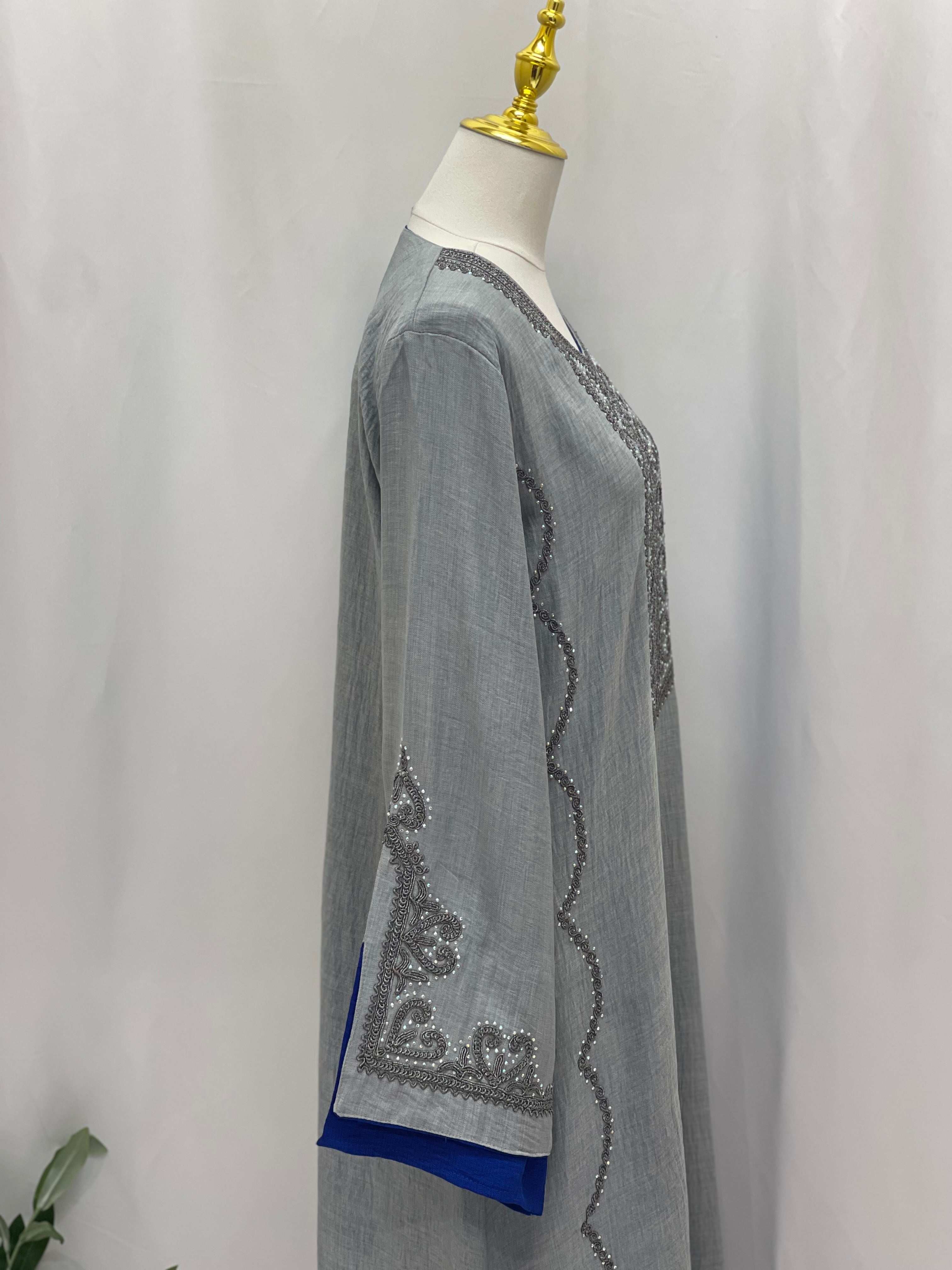 Palestinian Elegance grey Abaya with intricate embroidery on sleeves Moroccan Rana Jalabia design