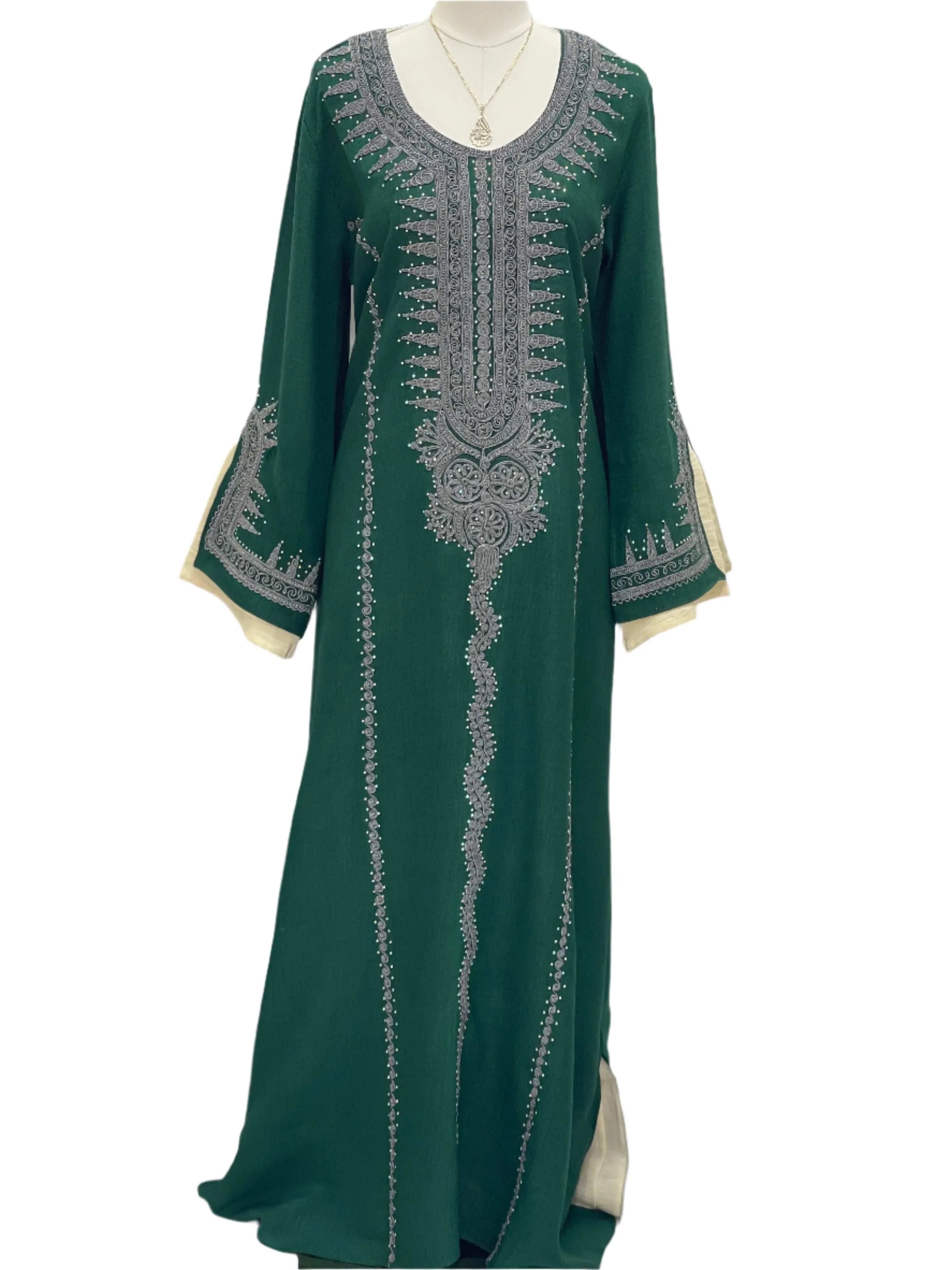 Palestinian Elegance green Abaya with intricate silver embroidery Moroccan Salma Jalabia design