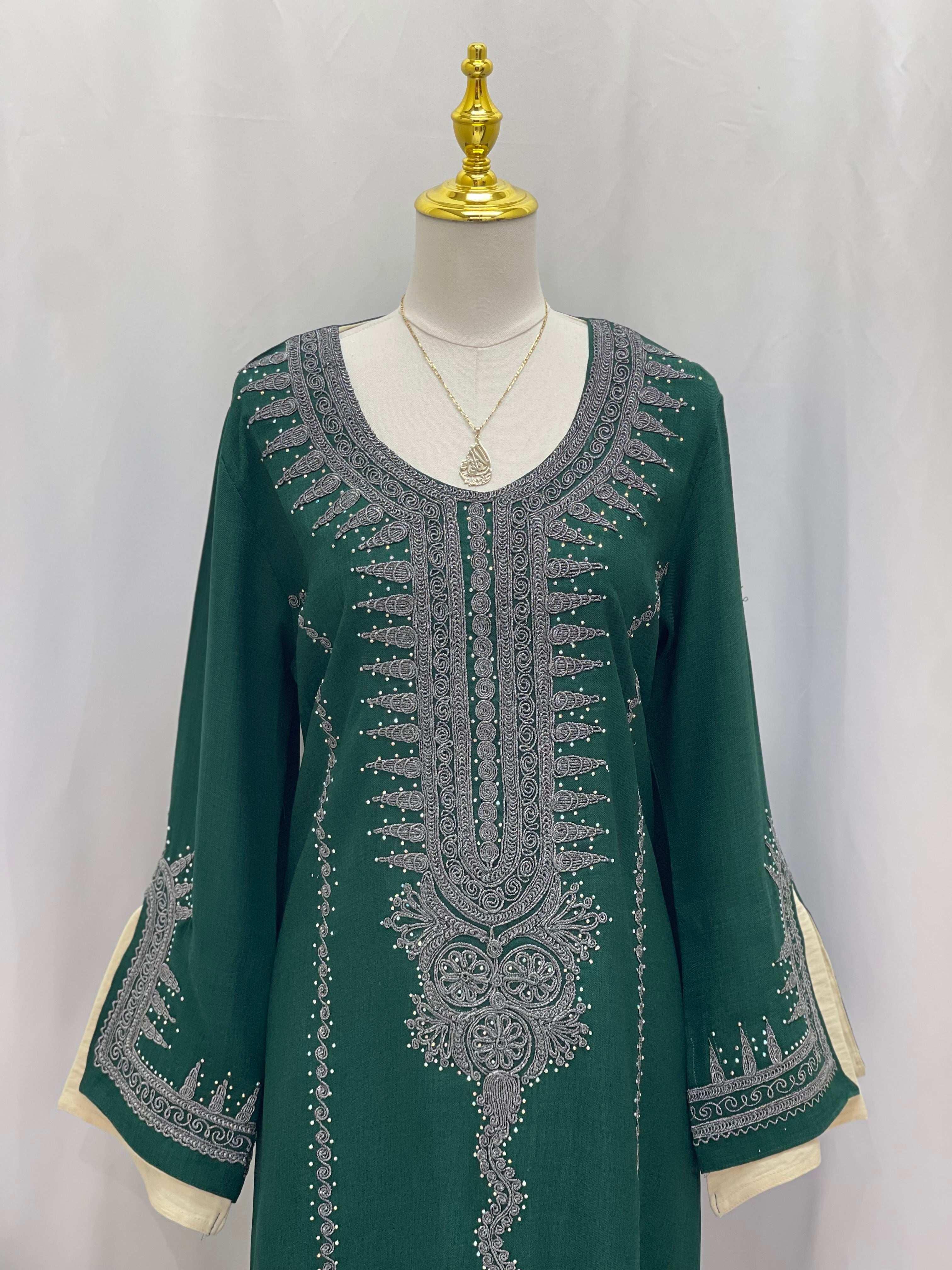 Palestinian Elegance green Moroccan Salma Jalabia abaya with silver embroidery on neckline and sleeves