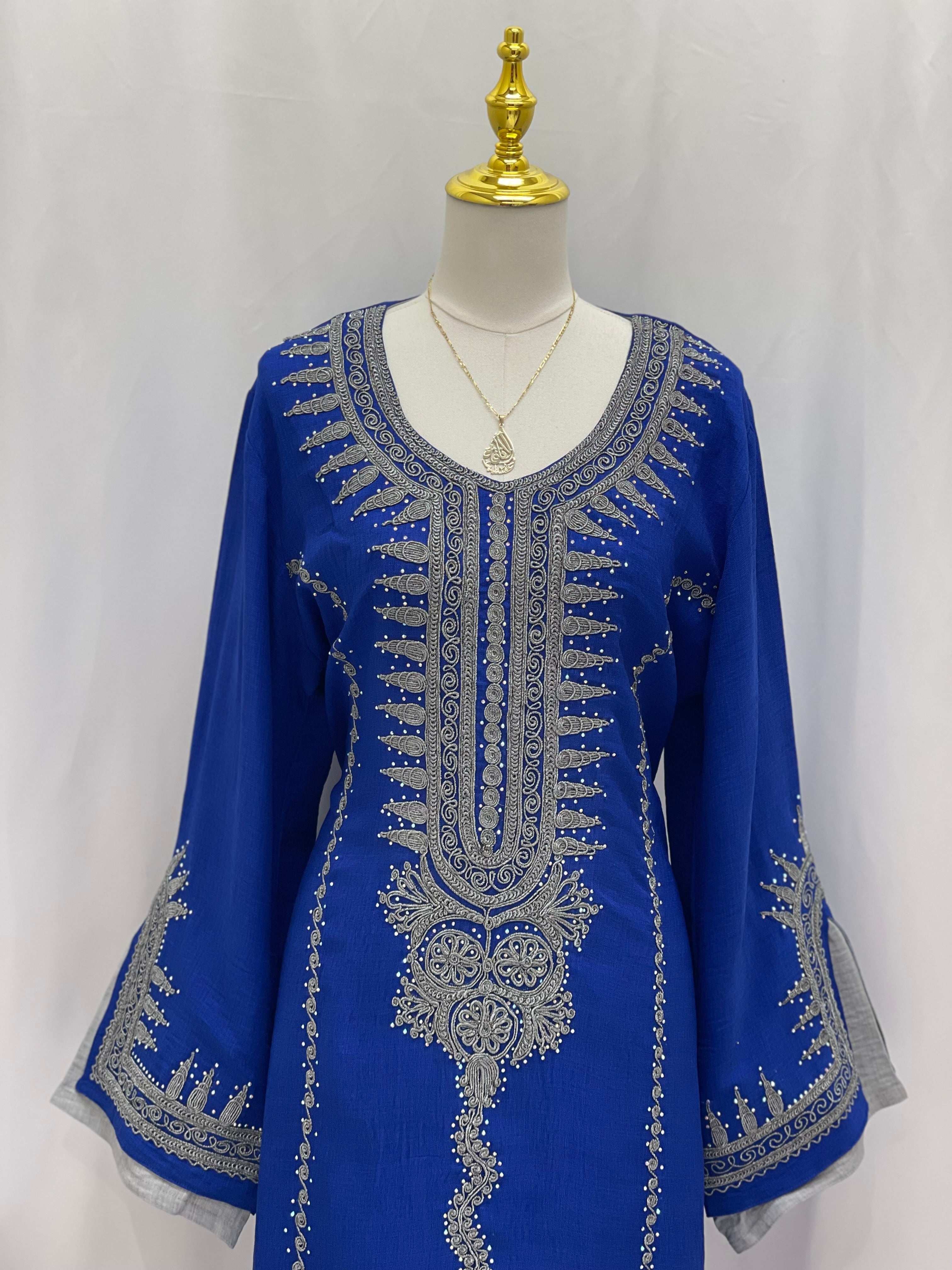 Palestinian Elegance Moroccan Salma Jalabia blue abaya with intricate gold embroidery on neckline and sleeves