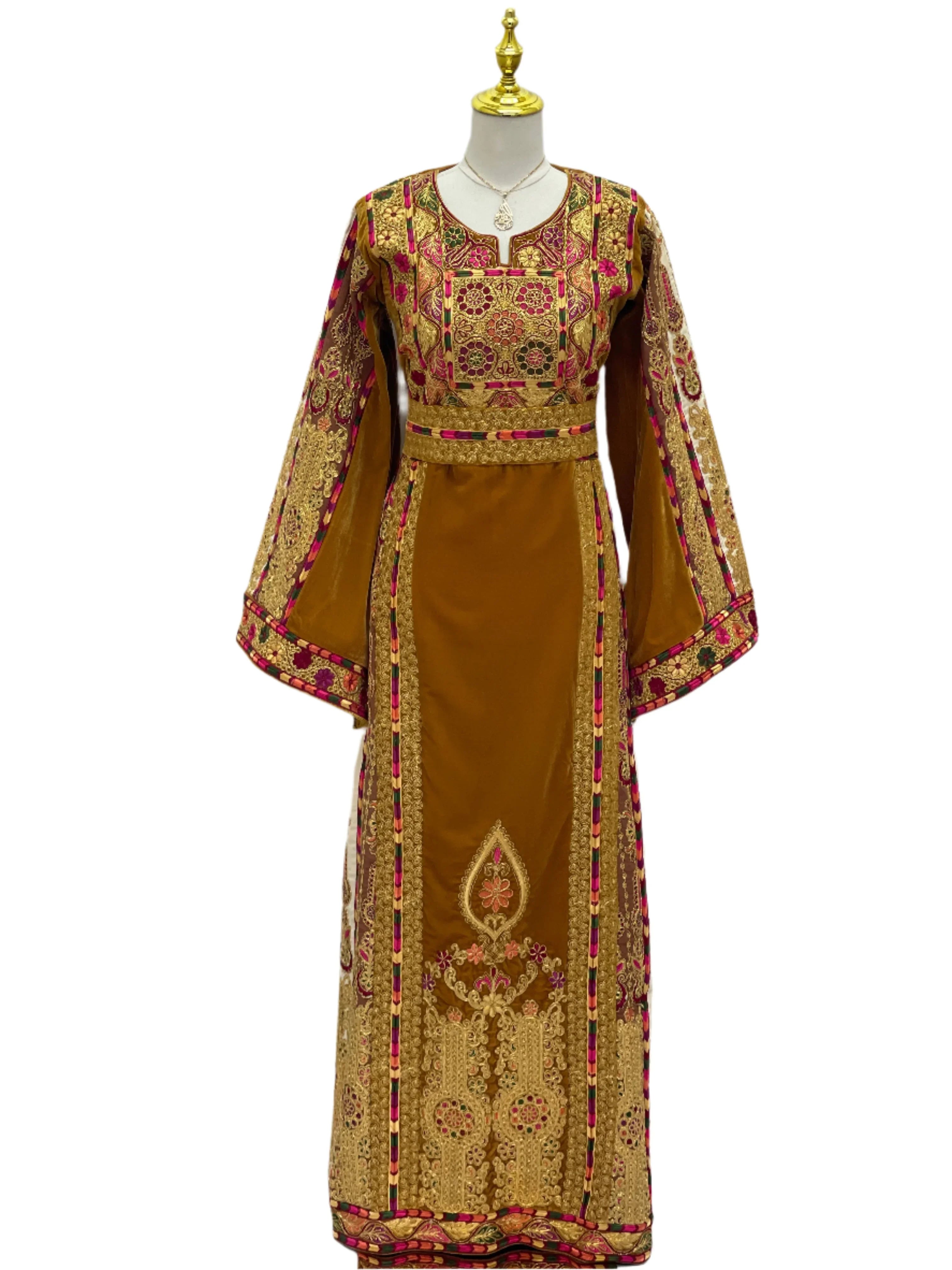Traditional Malaka Embroidered Thoub in brown with intricate gold and pink embroidery by Palestinian Elegance