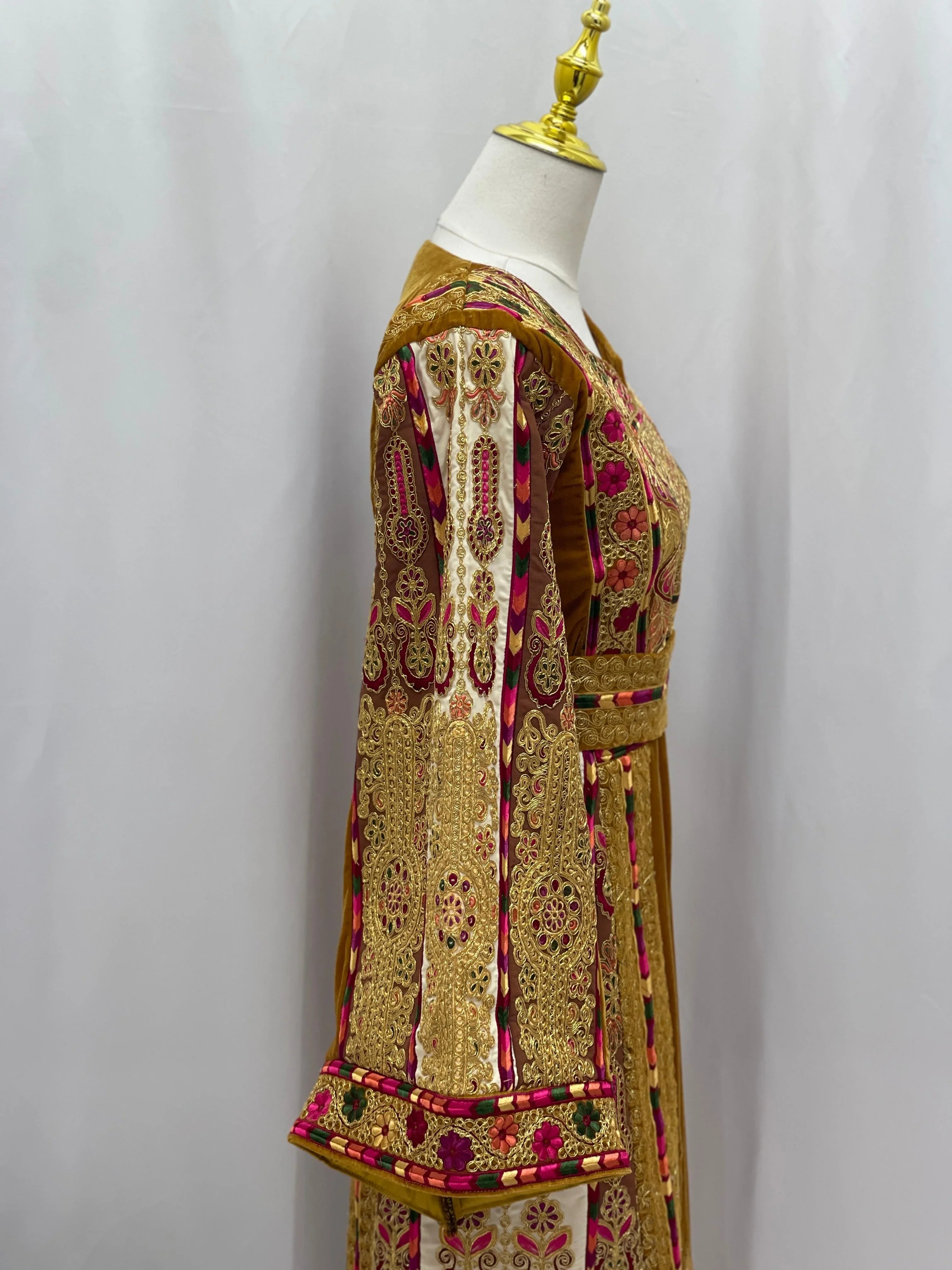 Traditional Malaka Embroidered Thoub with intricate gold and pink embroidery by Palestinian Elegance