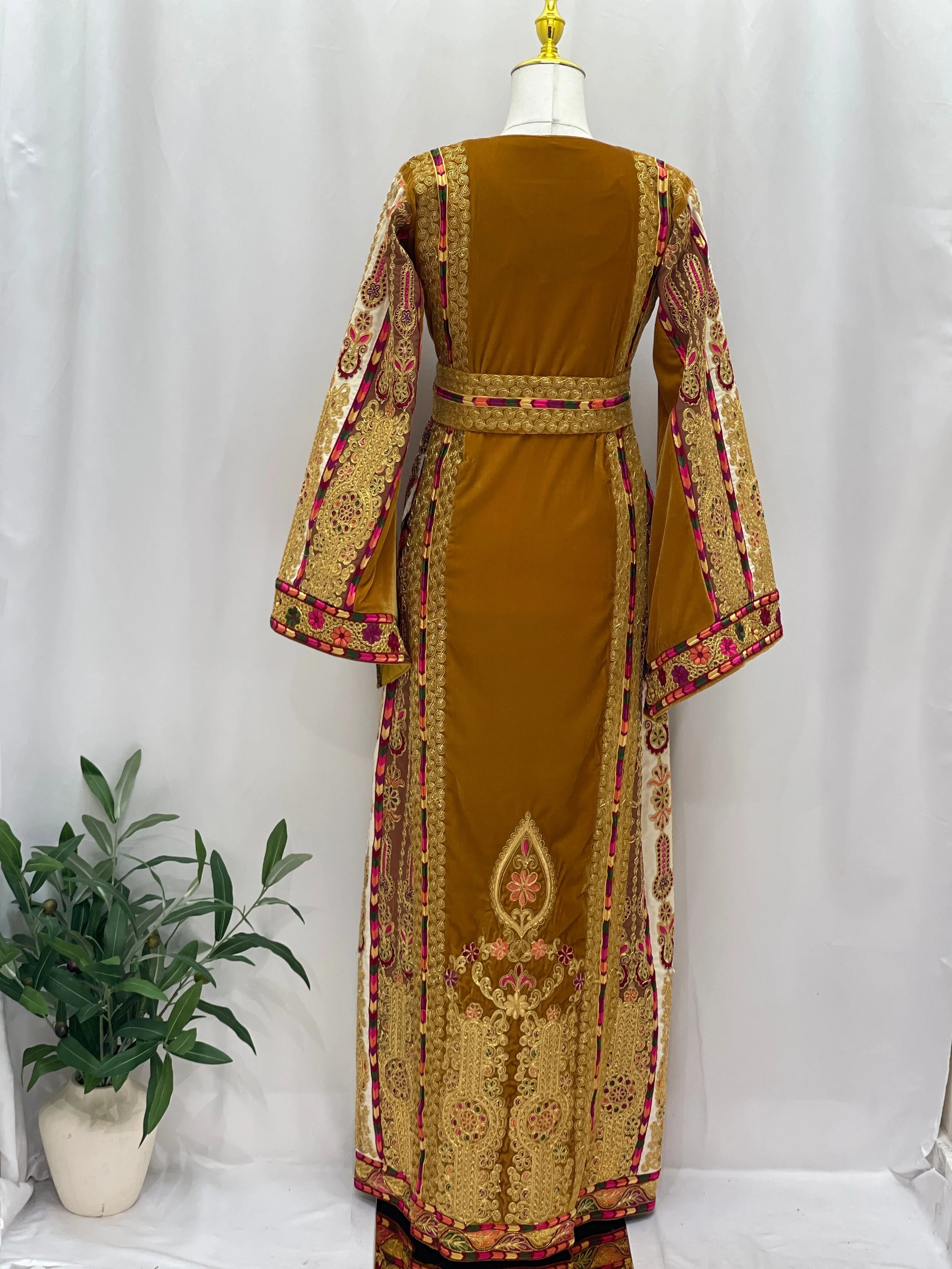 Traditional Malaka Embroidered Thoub in mustard yellow with intricate gold and pink embroidery from Palestinian Elegance
