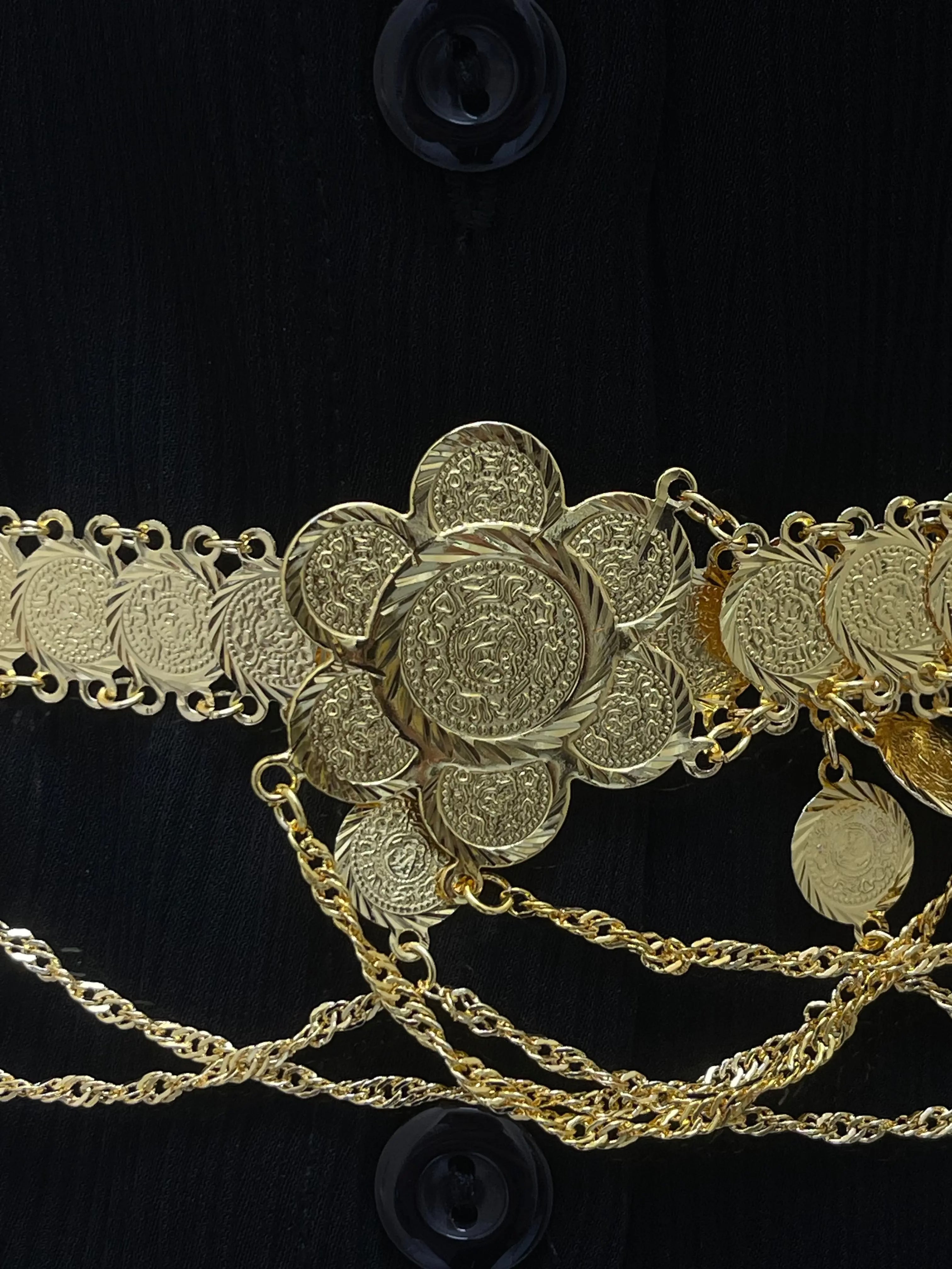 Nada Imitated Gold Floral Belt by Palestinian Elegance with intricate coin and flower design