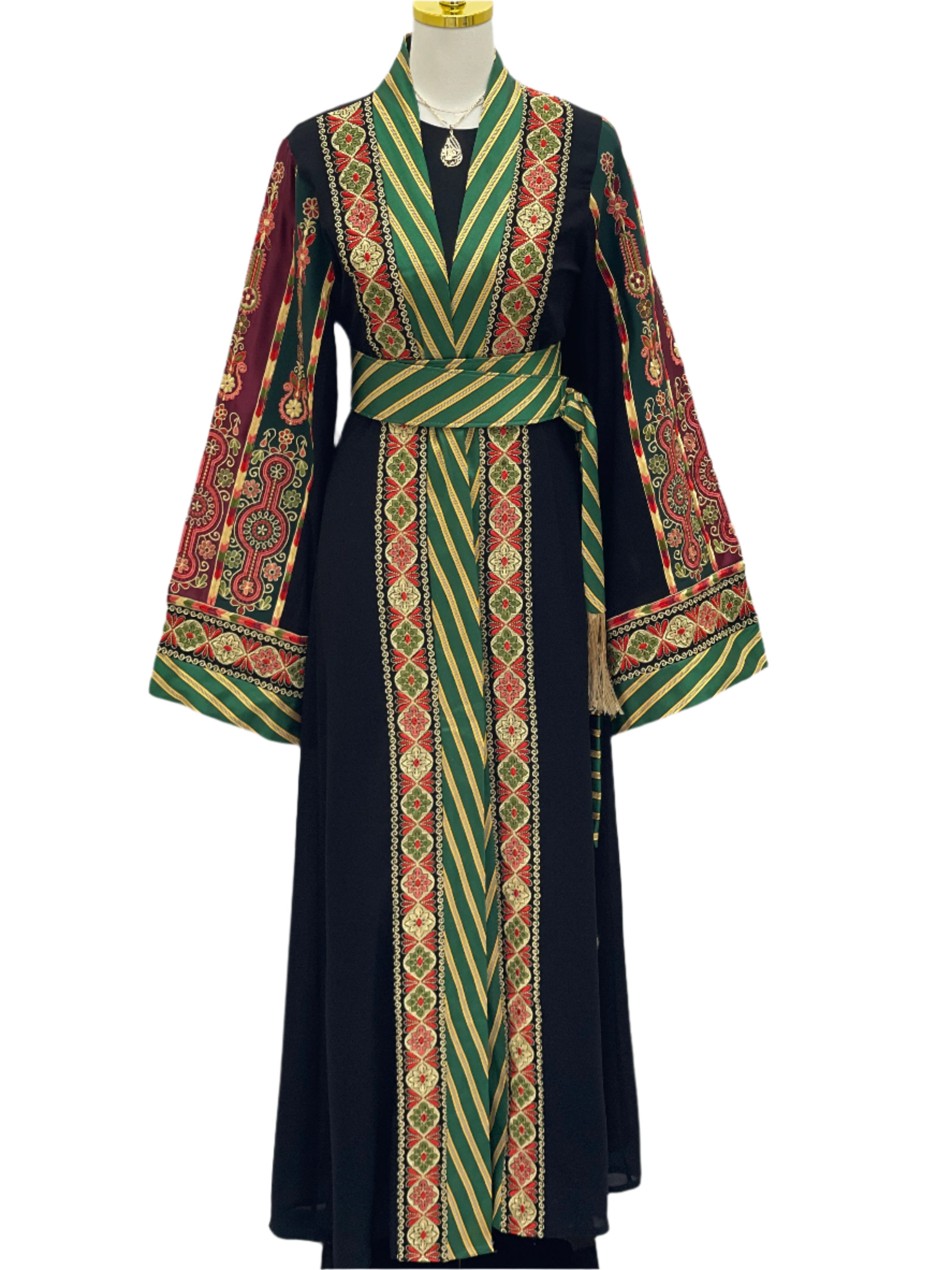 Narmeen embroidered Kashmir open abaya with intricate red and green embroidery from Palestinian Elegance