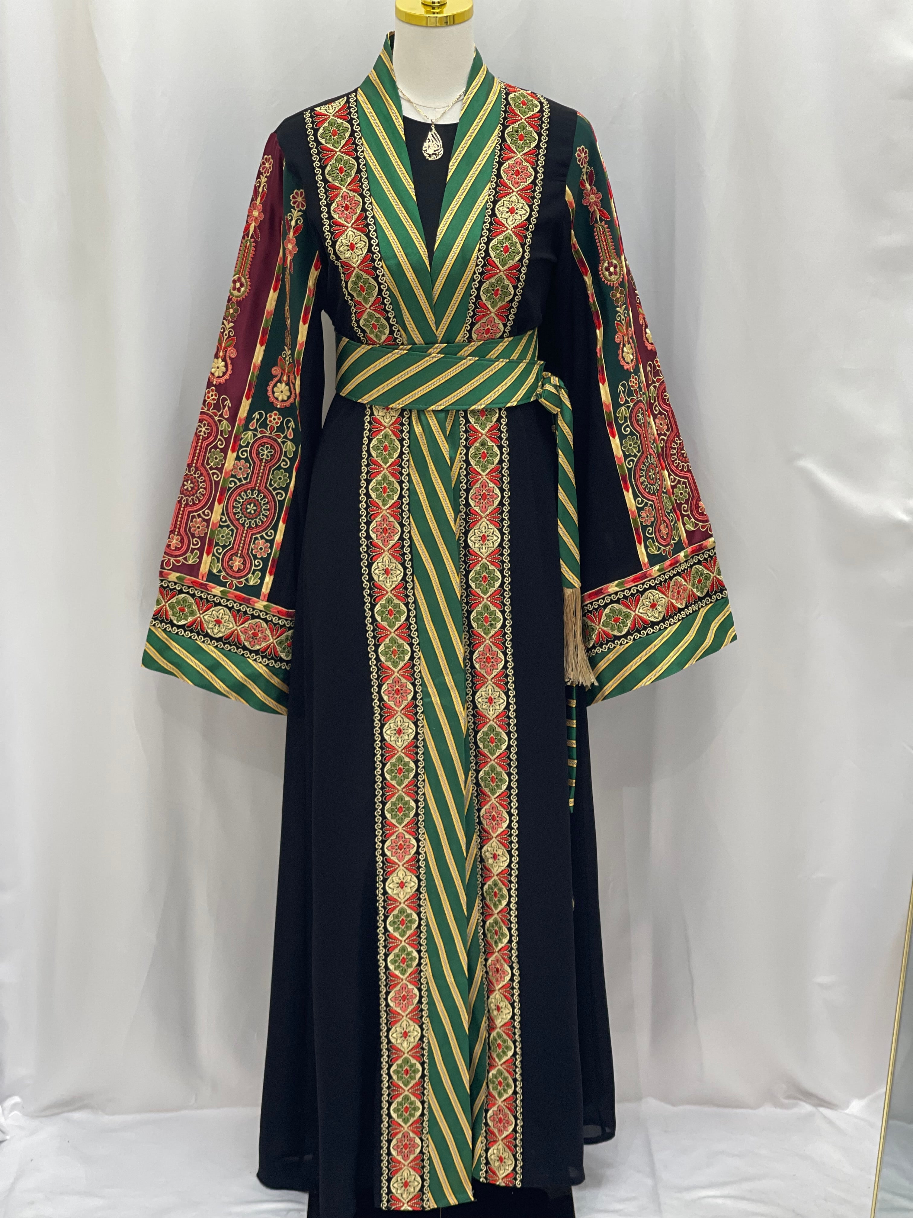 Narmeen embroidered Kashmir open abaya with intricate red and green embroidery and striped belt by Palestinian Elegance