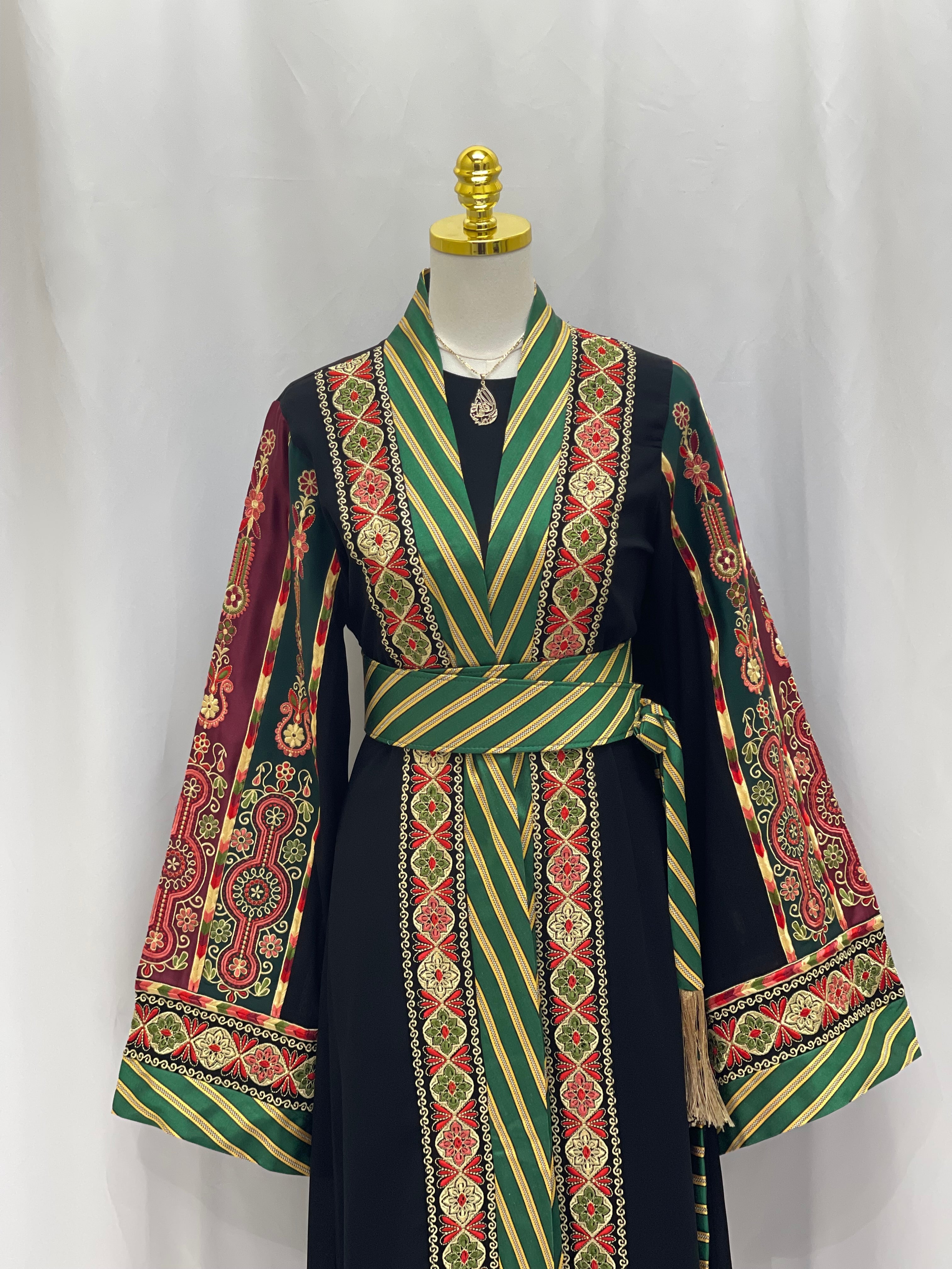 Narmeen embroidered Kashmir open abaya with intricate red and green embroidery and striped waist belt