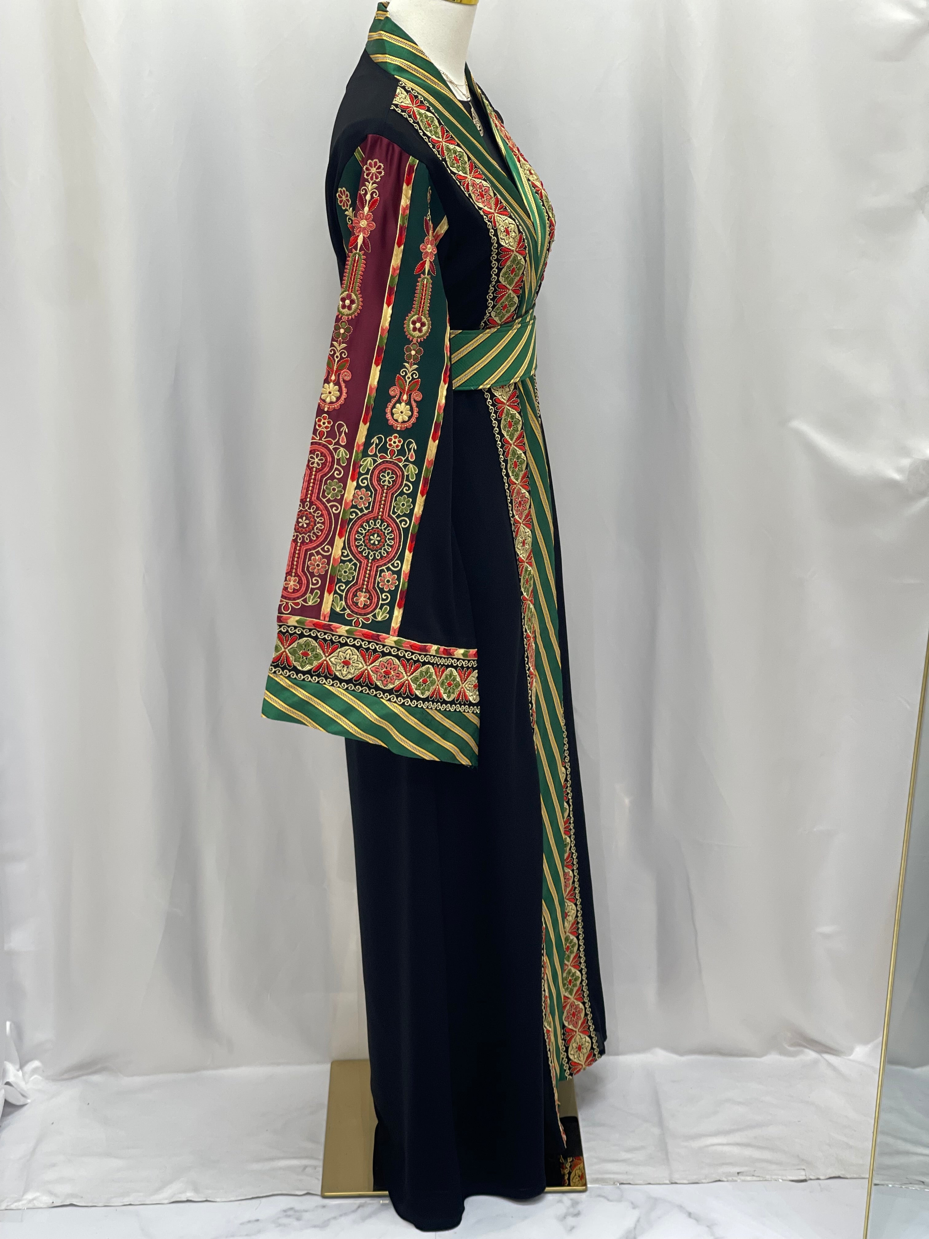 Narmeen embroidered Kashmir open abaya with intricate red and green embroidery by Palestinian Elegance