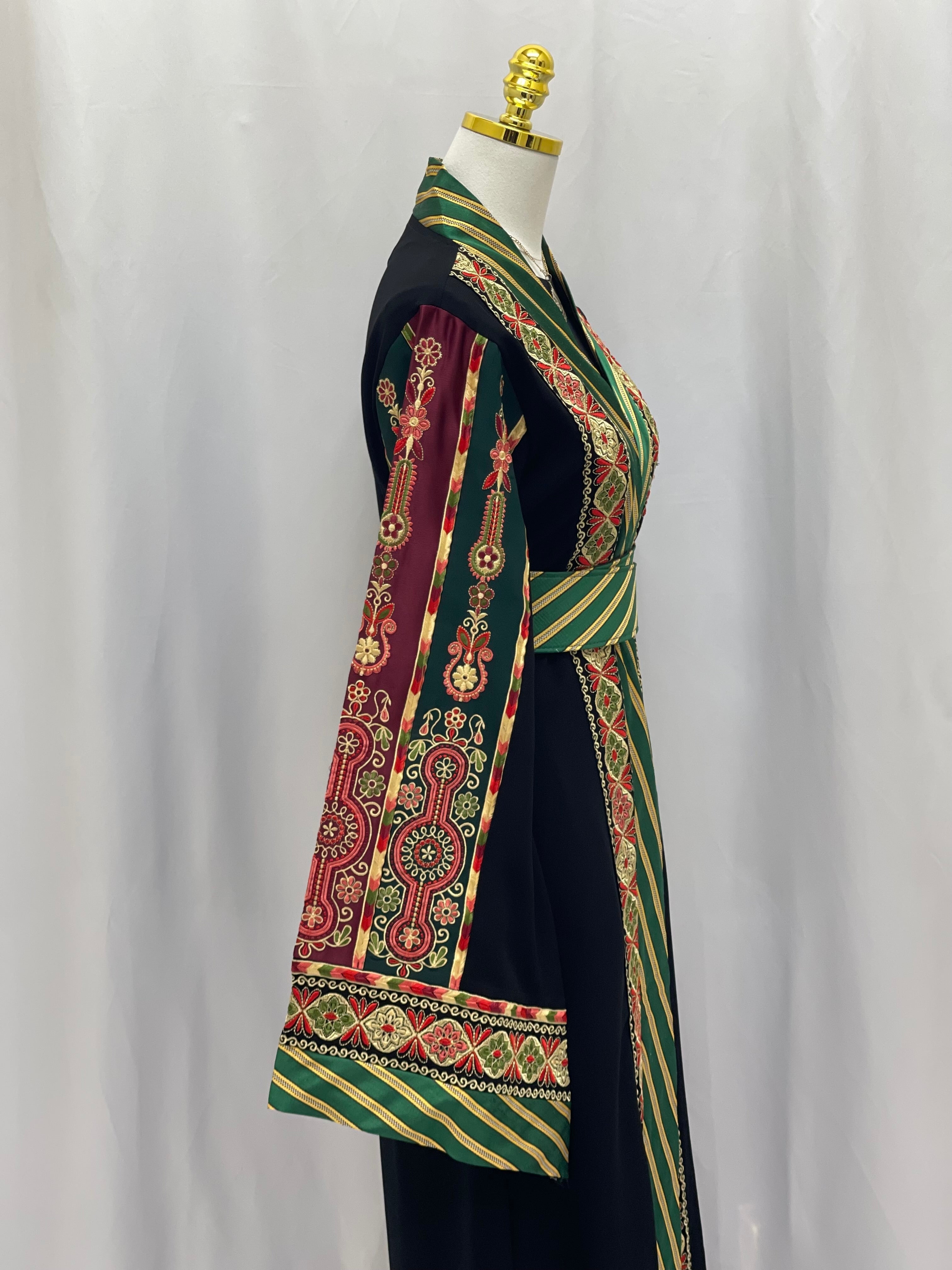 Narmeen embroidered Kashmir open abaya with intricate red and green embroidery on black fabric by Palestinian Elegance