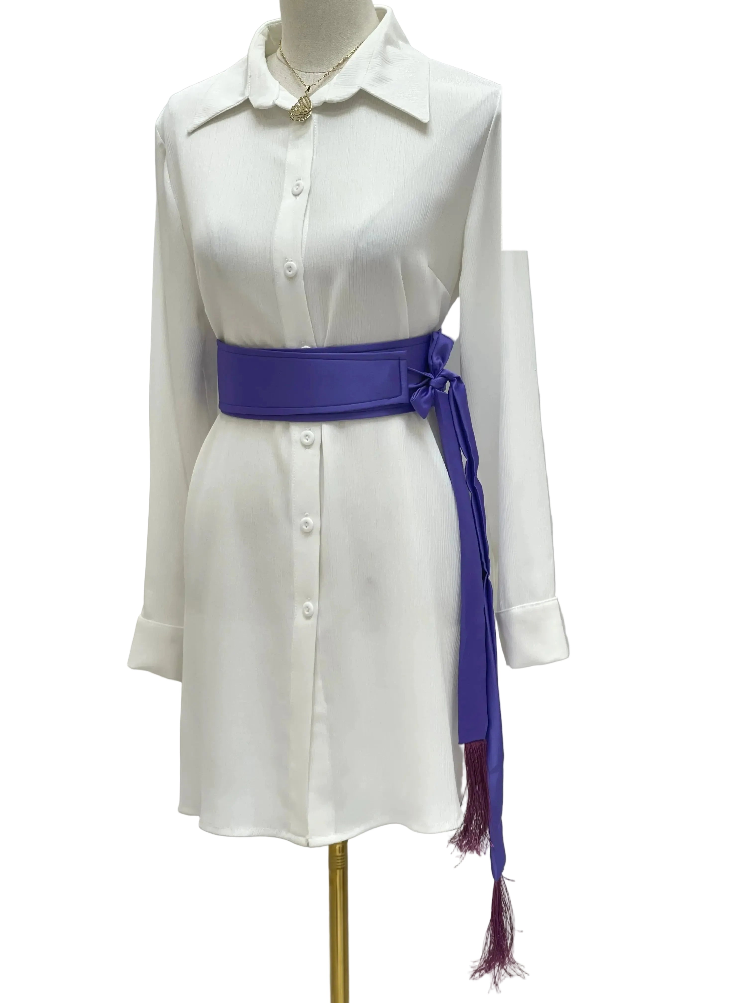Purple satin belt for dresses by Palestinian Elegance styled on white button-down dress with tassel ends