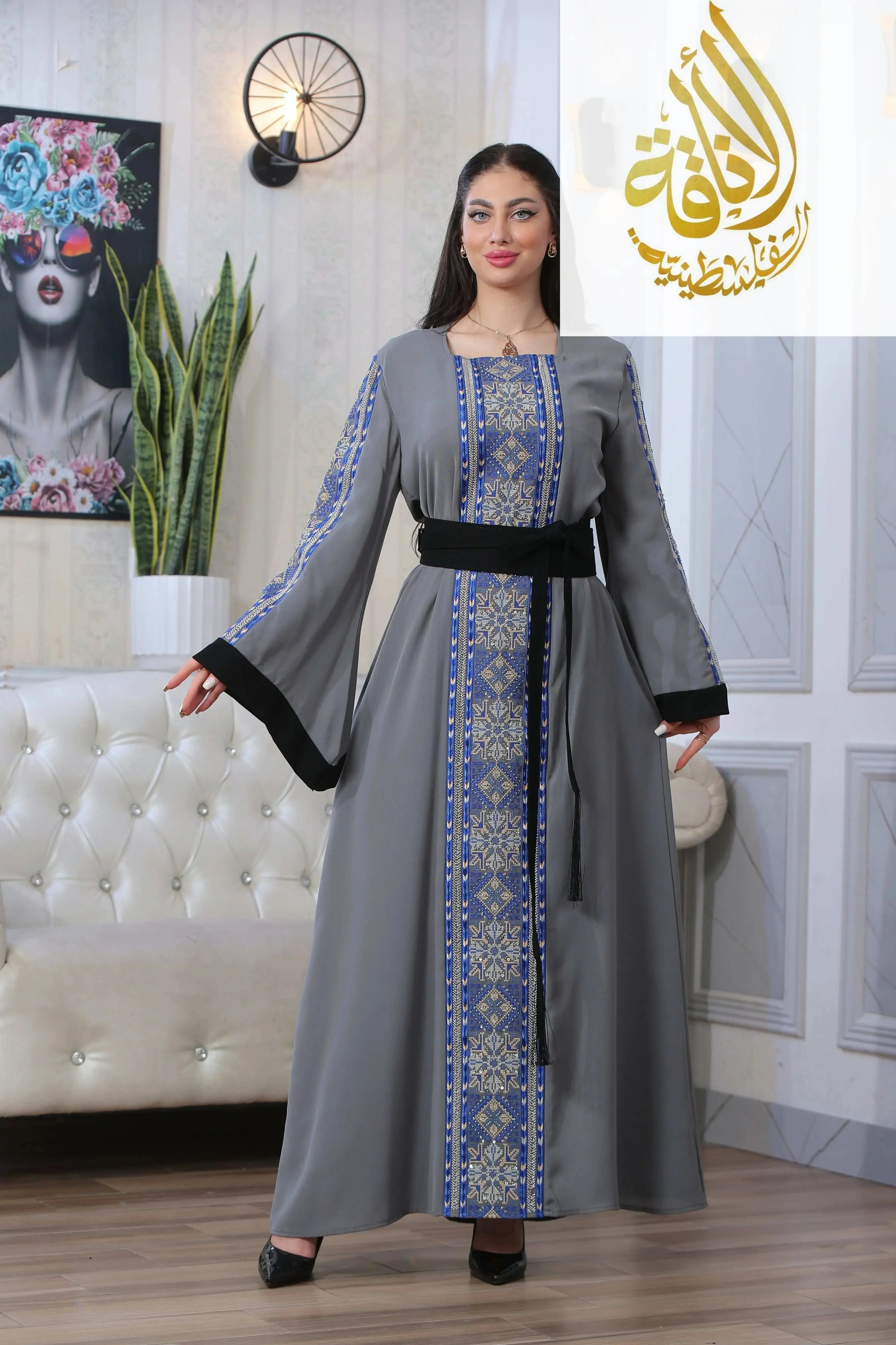 Palestinian Elegance Moroccan Rana Jalabia Thoub in gray with blue and gold embroidery and black belt