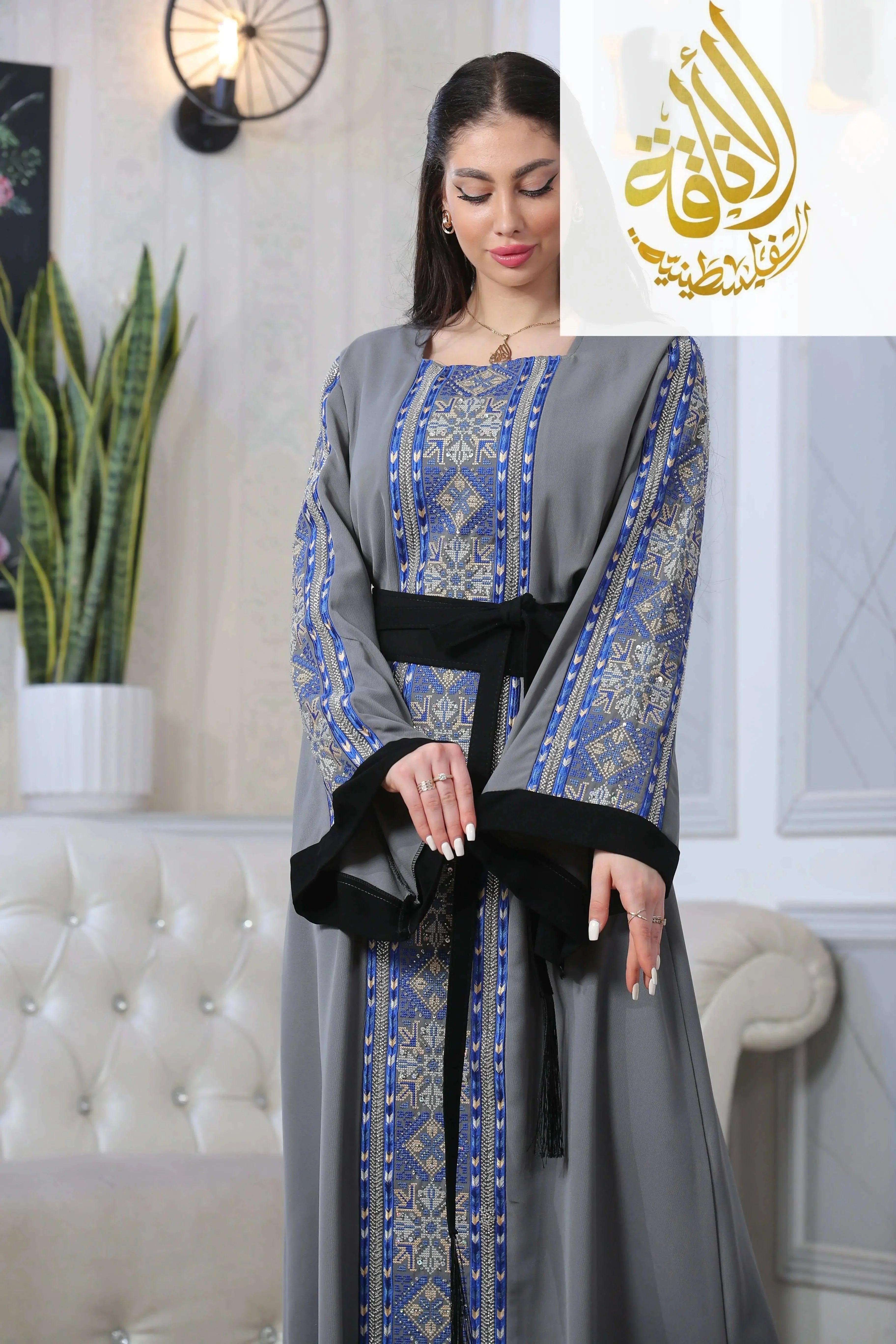 Palestinian Elegance Moroccan Rana Jalabia Thoub gray dress with blue and gold embroidered patterns and black waist belt