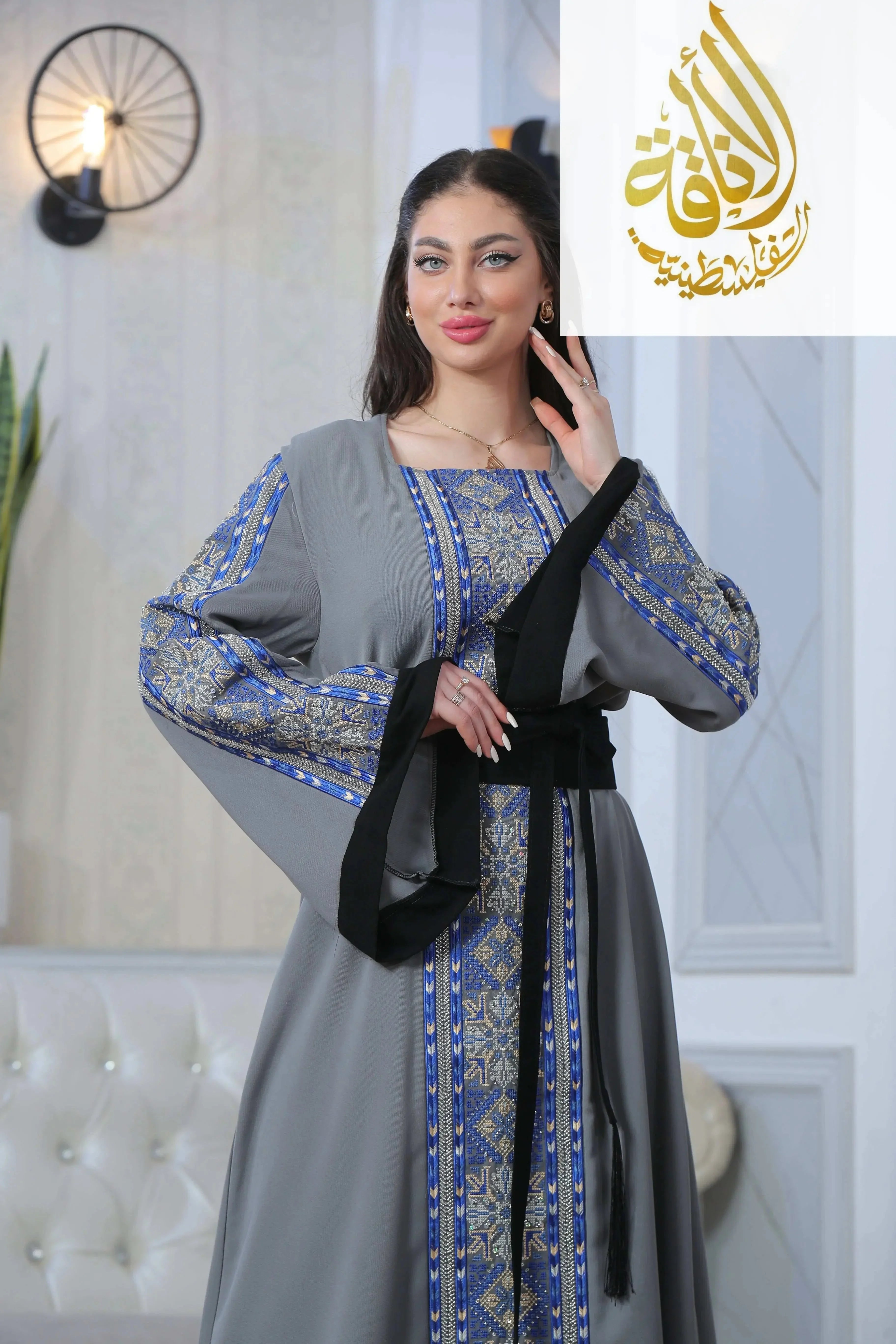 Palestinian Elegance Moroccan Rana Jalabia Thoub with blue and gold embroidery and black belt