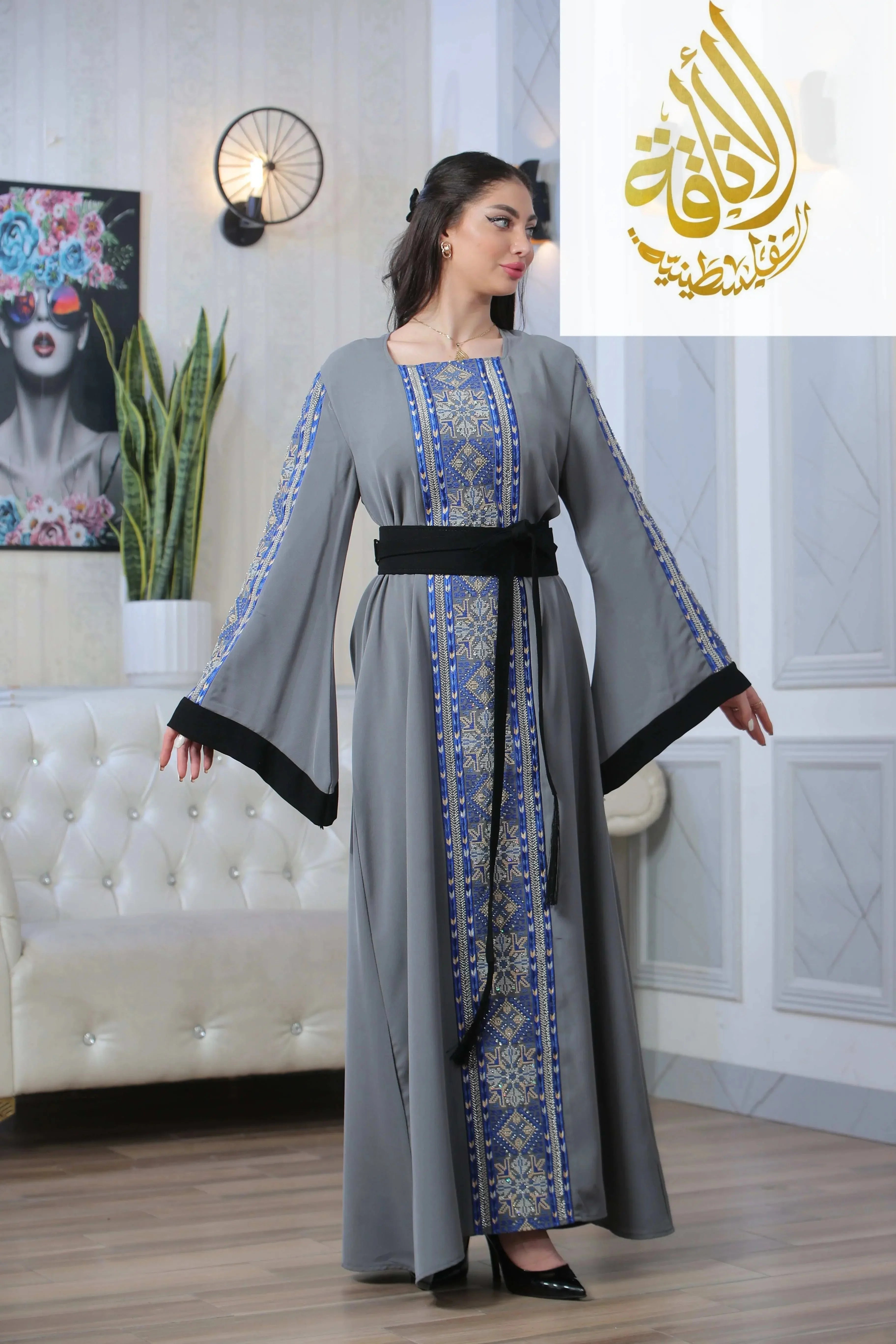 Palestinian Elegance Moroccan Rana Jalabia Thoub in gray with blue embroidery and black belt