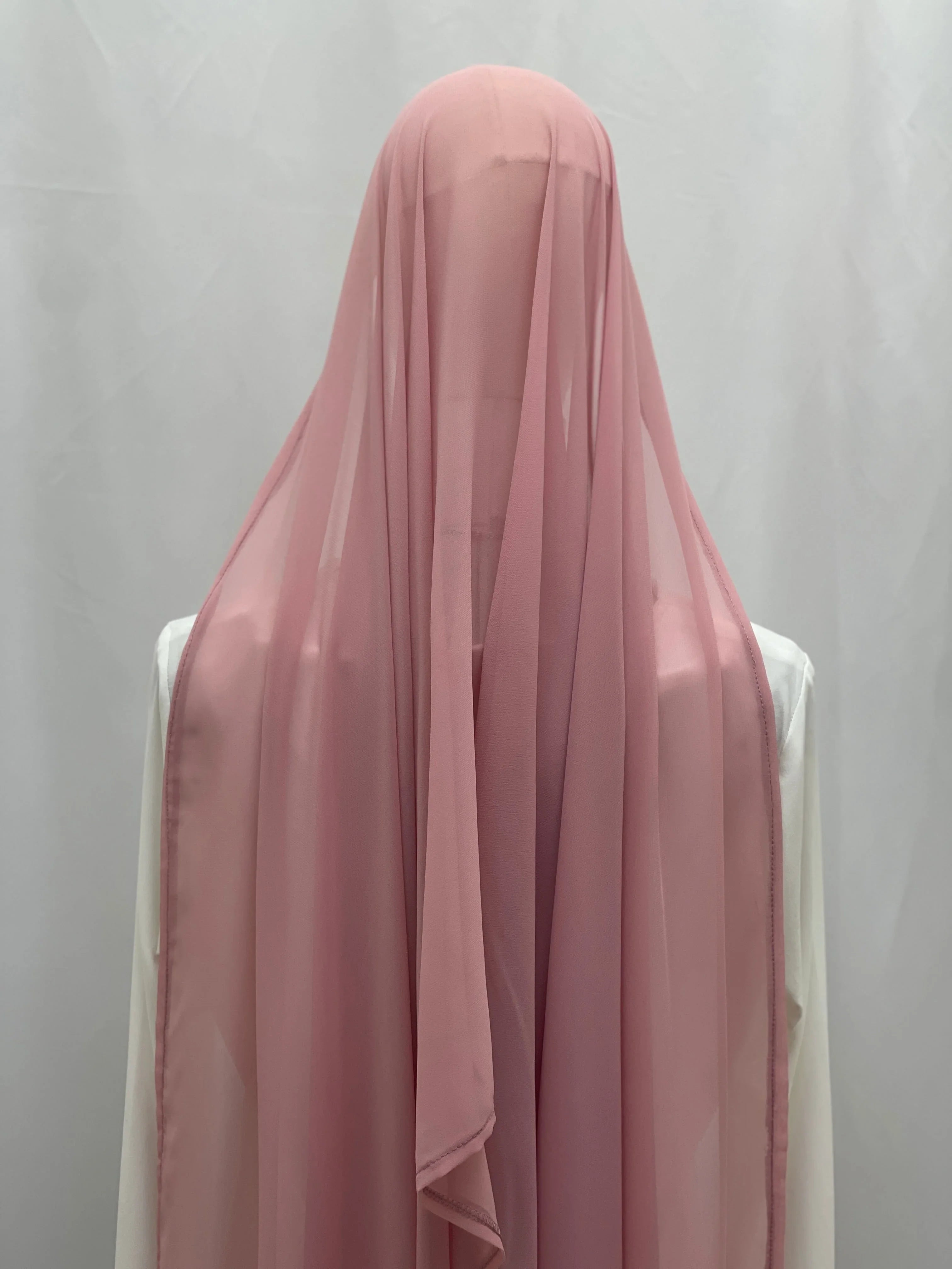 Palestinian Elegance sheer dusty pink khirka veil draped on mannequin New Khirka With White tassel modest elegant cover