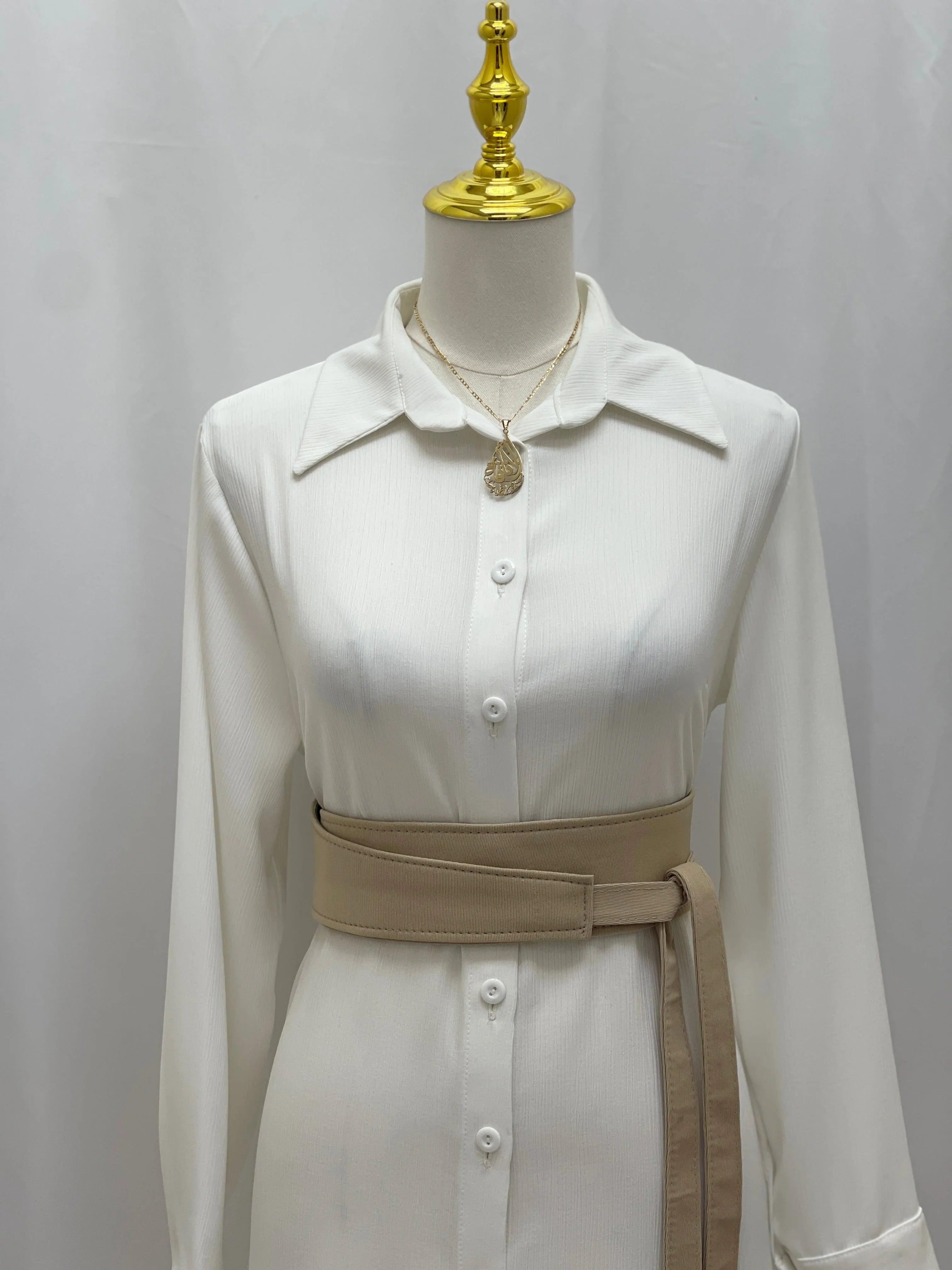 Palestinian Elegance beige wrap waist belt on white collared dress Satin Belt Matt Color