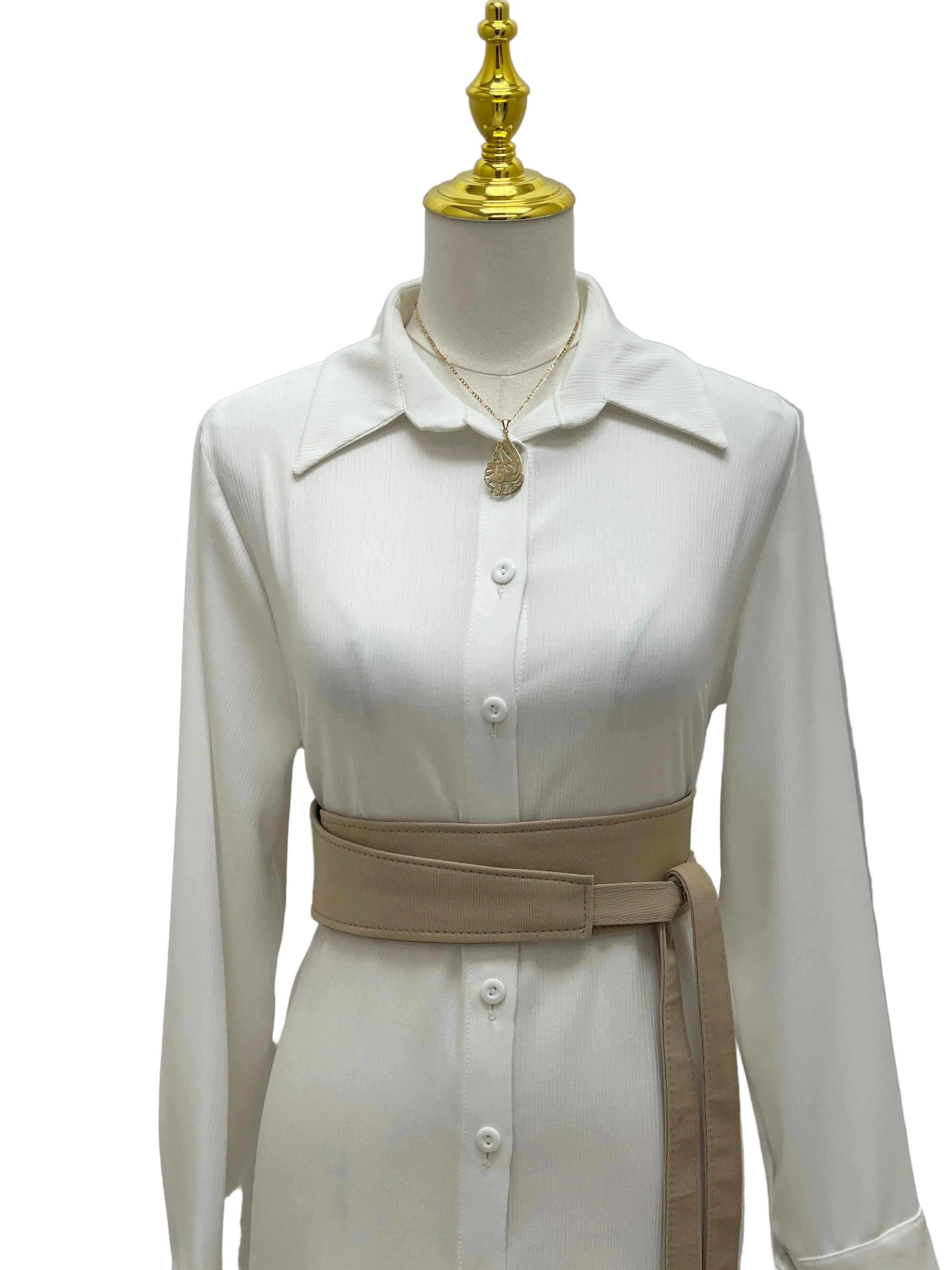 Palestinian Elegance beige wrap waist belt on white collared dress Satin Belt Matt Color