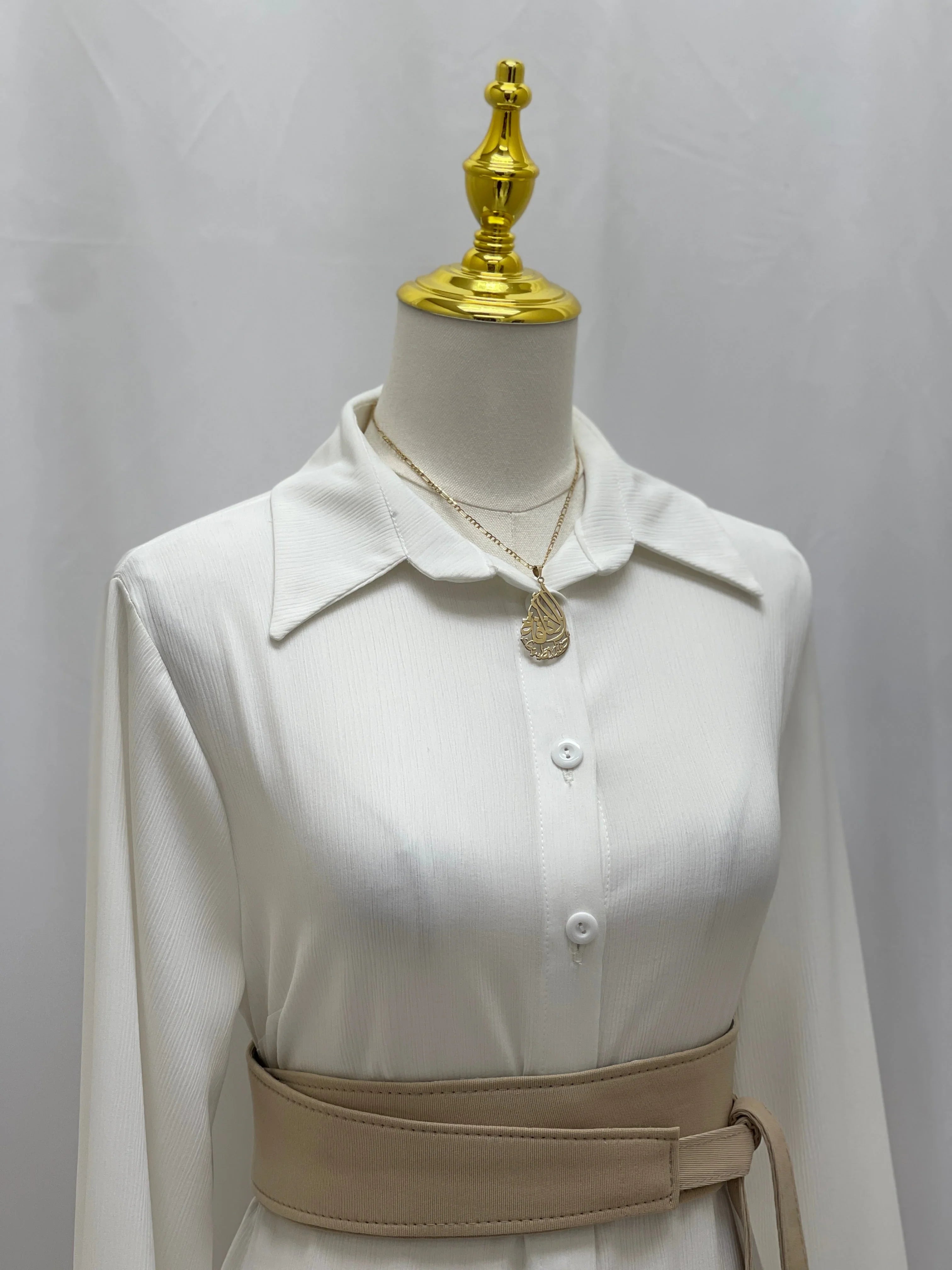 Palestinian Elegance Satin Belt Matt Color beige wide waist belt on mannequin over white collared dress
