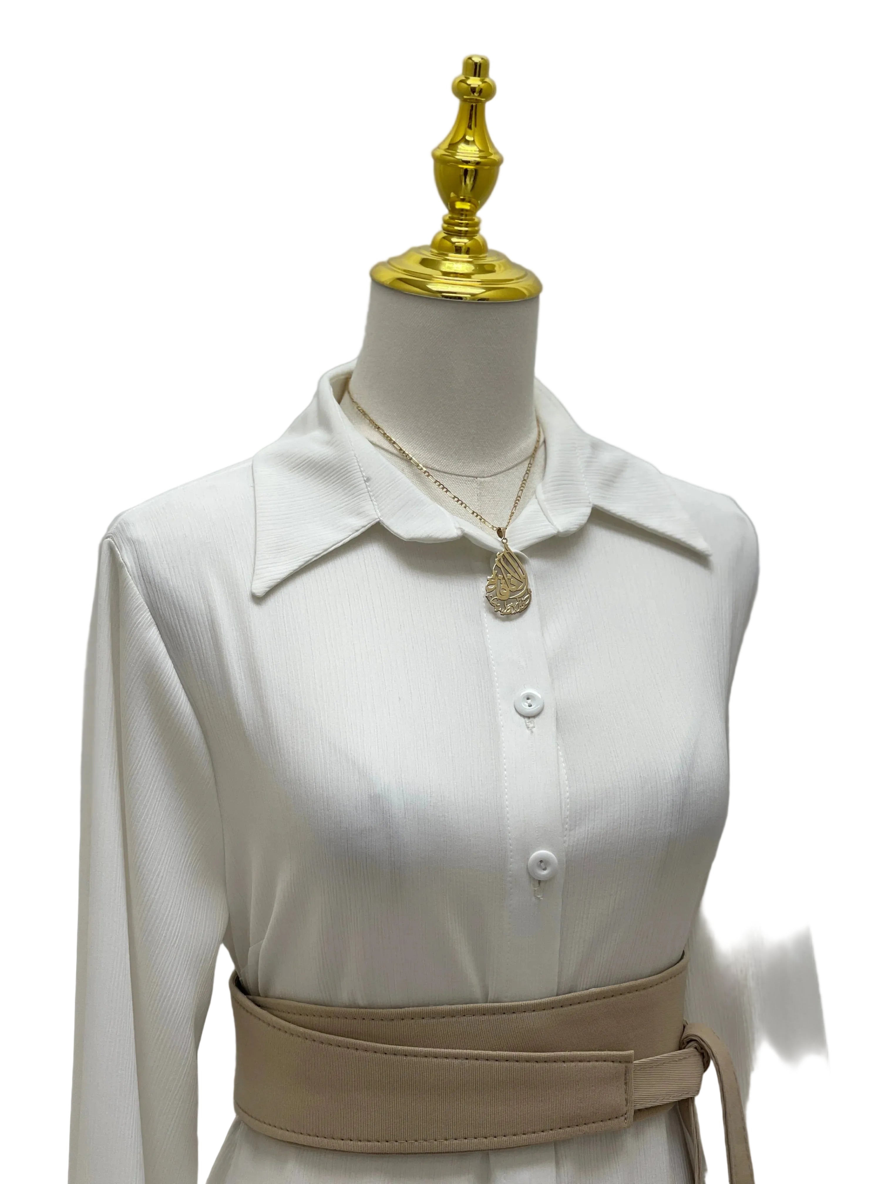 Palestinian Elegance Satin Belt Matt Color beige wide waist belt on mannequin over white collared dress